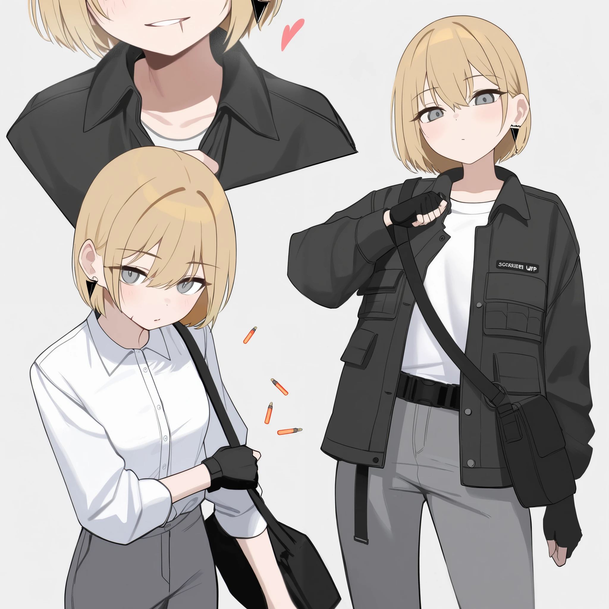  girl ,  short hair ,  blonde , lip scar ,  grey eyes ,  unbuttoned jacket in the color of zippered matches,  white shirt , loose grey pants , Red Converses,  black postman shoulder bag ,  tactical fingerless gloves ,  thin triangular earrings .  waist-deep 