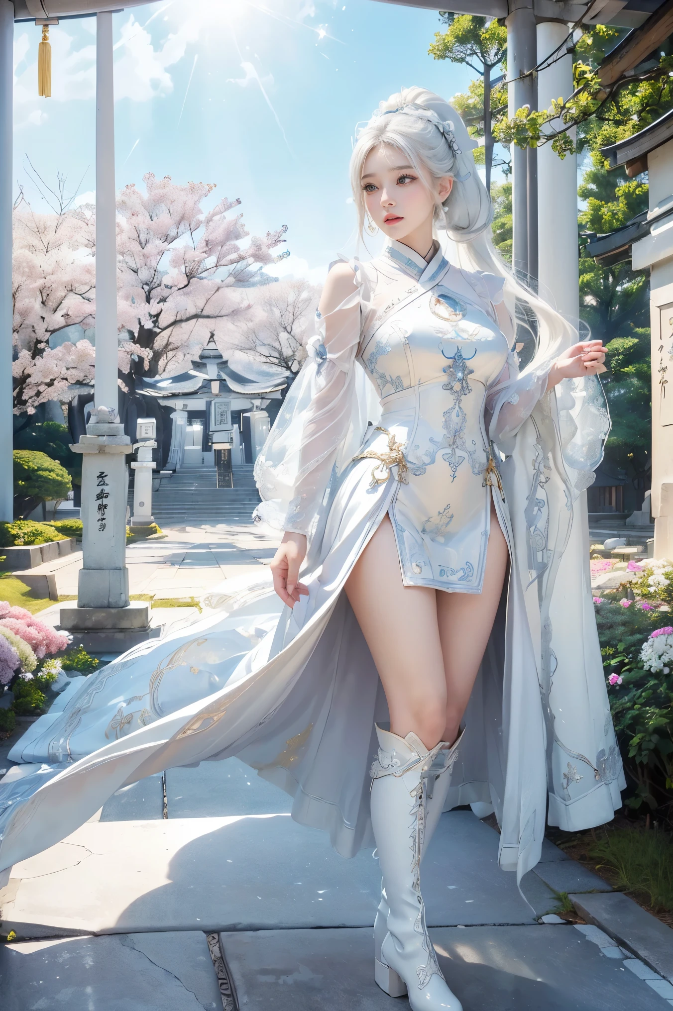 （Long blonde hair+Small pink flowers:1.3+Big red and blue eyes+Heterochromia+gold-wire glasses:1.2+Intellectual beauty:1.1)，under a sakura tree，Sideslit，lace legwear