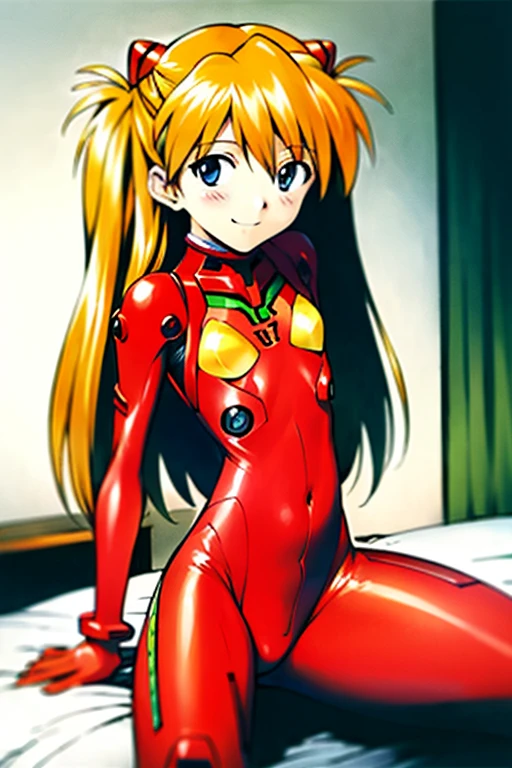 (( best quality )), ((masterpiece)), (be familiar with),  Perfect Face, indoor, bedroom,  Watching Viewers ,
One woman,  Soryu Asuka Langley,
開いた口,  ecstatic expression beside the piano, blush, smile,
 small tits,  flat chest, Young girl, Lori,  s,  girl,
 long hair,  two side up,
Leg spread,