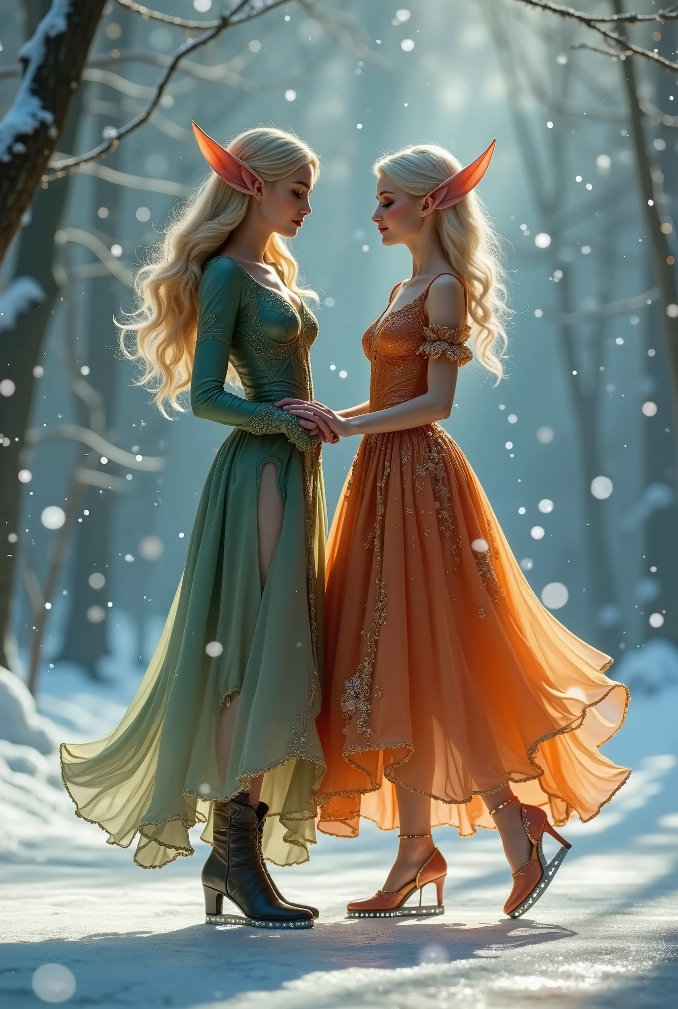 A beautiful dance on ice featuring two elfs, dressed in glossy dresses, realistic and fantastical atmosphere, ethereal lighting, intricate details, whimsical background, soft glows, elegant poses, magical winter scenery
