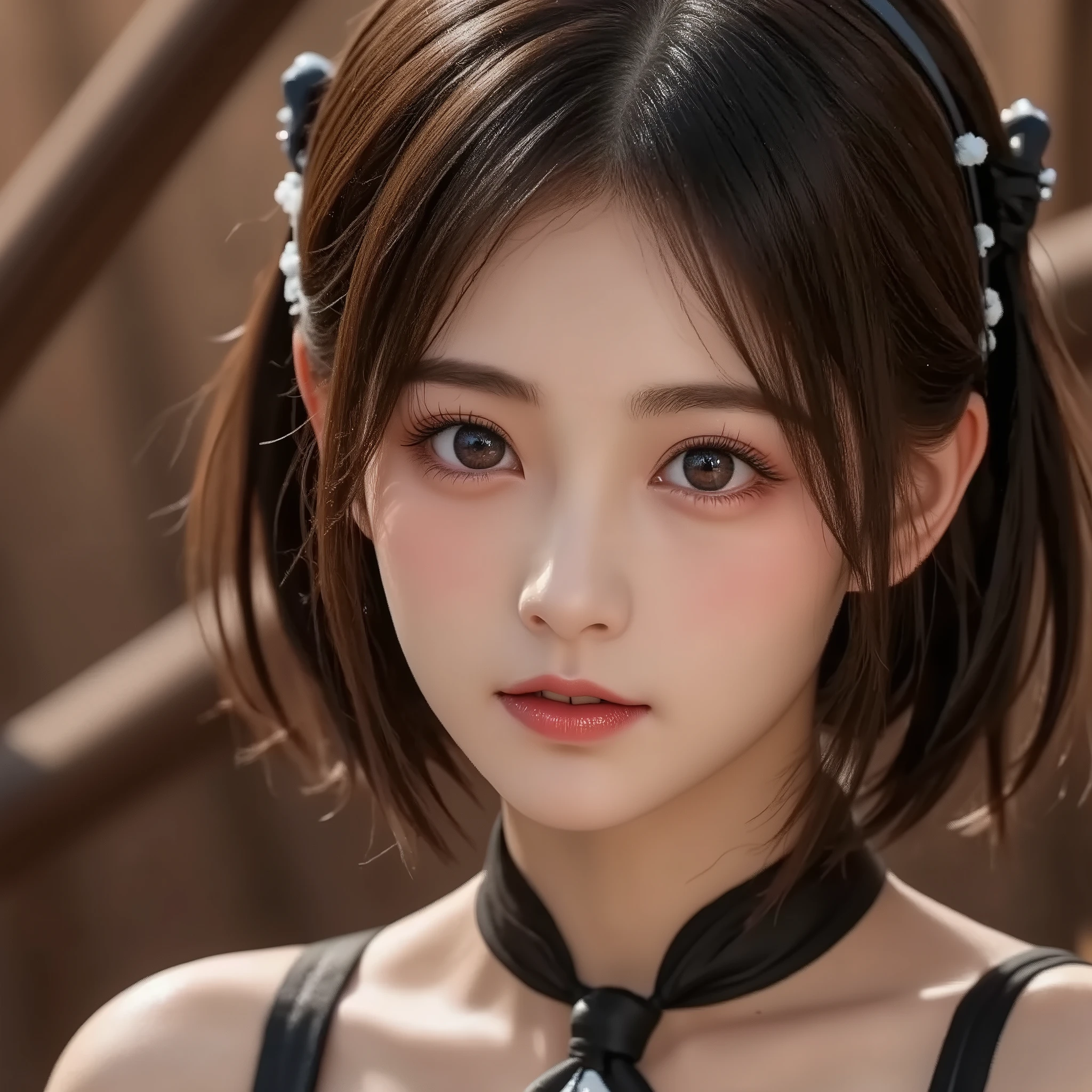 8k,    ultra high definition ,   best quality , Masterpiece,rule of thirds,golden ratio, surreal,photograph,  one woman,(  girl :1.3), cute, cute顔, 細部まで  beautiful eyes, 細かく Details, mature woman, princess,extream close up,smile, black hair,Short twin tail hair,ID photo,future, Brutal Cyberpunk Woman, luxurious and beautiful ,prairie,(( ethnic costumes:1.5)),Fancy Fashion, Luxurious Decor,(BDSM Femdom),(Cute  girl ),(Upper class woman:1.5), Expression of Despair , dark atmospheric lighting , fine detail,   Detailsな顔,anger,  charming eyes,(ポートレートphotograph:1.4), fantasy art ,(  beautiful faces:1.4),美しく  charming eyes、  beautiful eyes,Silver Remaining,(  Thin Waist:1.4)、( Beautiful :1.4),  pink lips, profile,(((  ideal body shape))),Small bust, A cup :2,、 portrait:2、  perfect anatomy 、鮮明な  Details、  Details, thin lips,完璧で  beautiful faces ,完璧で cute顔,   Meticulous Skin  ,  Perfect Limbs 、  Thin Waist,  surreal,Light and Dark,  fashion magazine cover,bloom