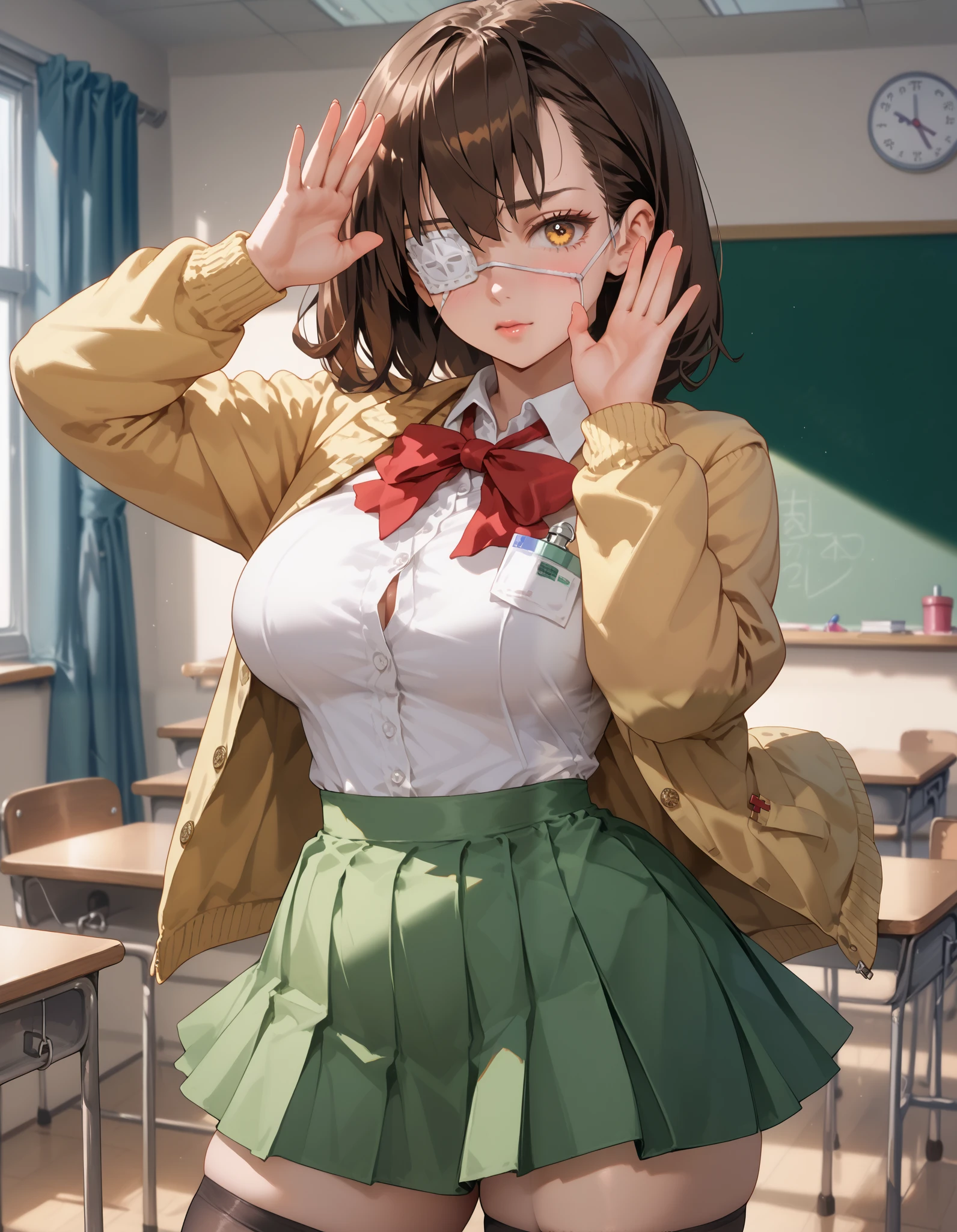 A girl with long brown hair, medical eyepatch, amber eyes, big breasts, thick thighs, white blouse, yellow cardigan, black stockings, green skirt, red ribbon, high school girl, classroom, warm light, afternoon, shy gaze, adorable, Rintarou_Okabe_Pose