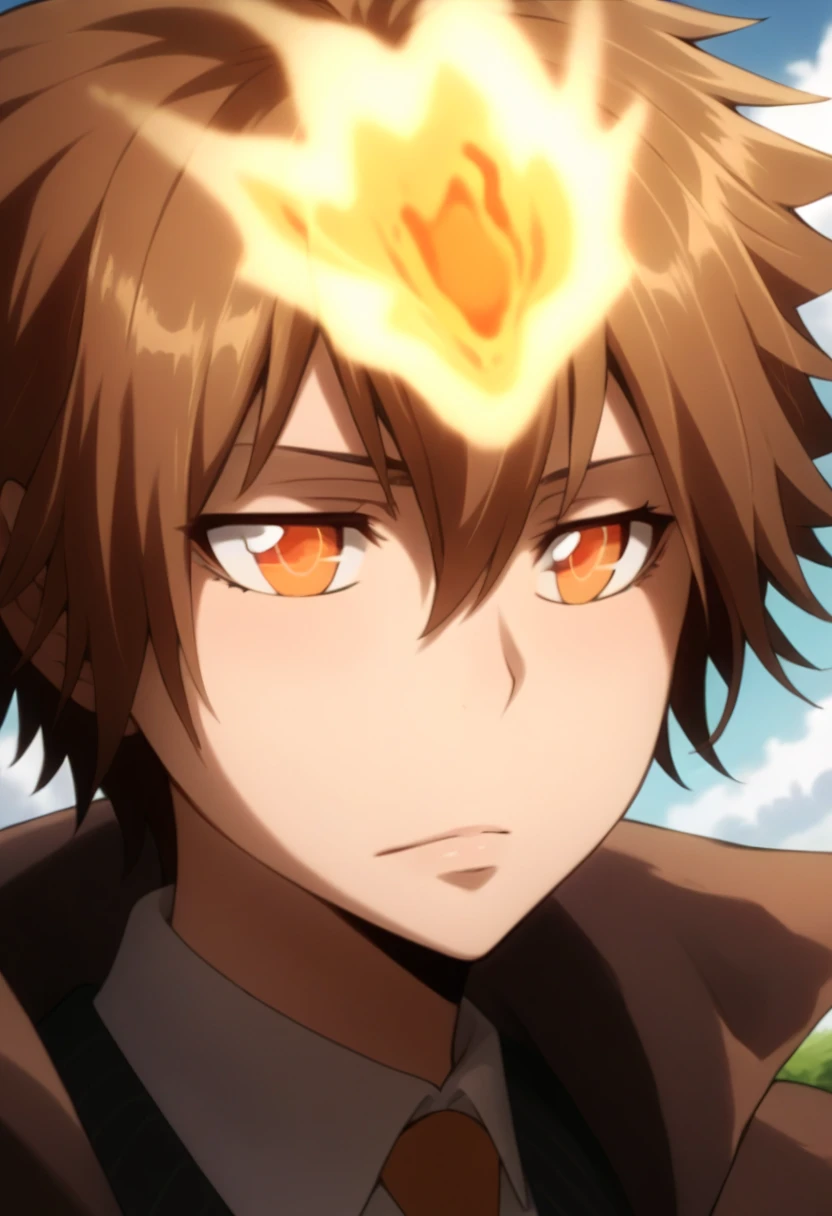 score_9, score_8_up, score_7_up, score_6_up, highly detailed, masterpiece, best quality,detailed,intricate details, amazing quality, best aesthetic, absurdres,source_anime,tsuna_hyper, fire on head, brown hair, orange eyes