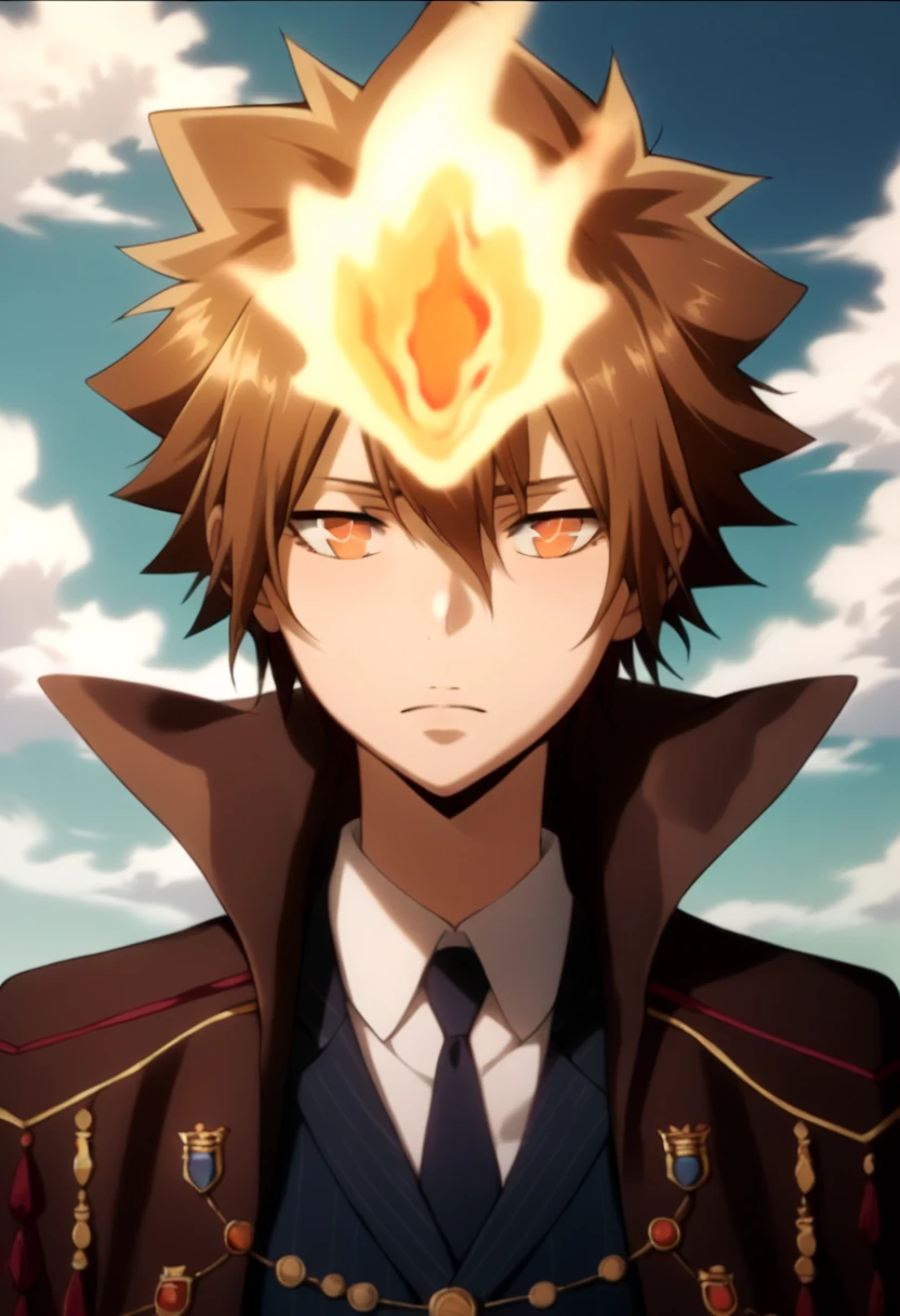 score_9, score_8_up, score_7_up, score_6_up, highly detailed, masterpiece, best quality,detailed,intricate details, amazing quality, best aesthetic, absurdres,source_anime,tsuna_hyper, fire on head, brown hair, orange eyes