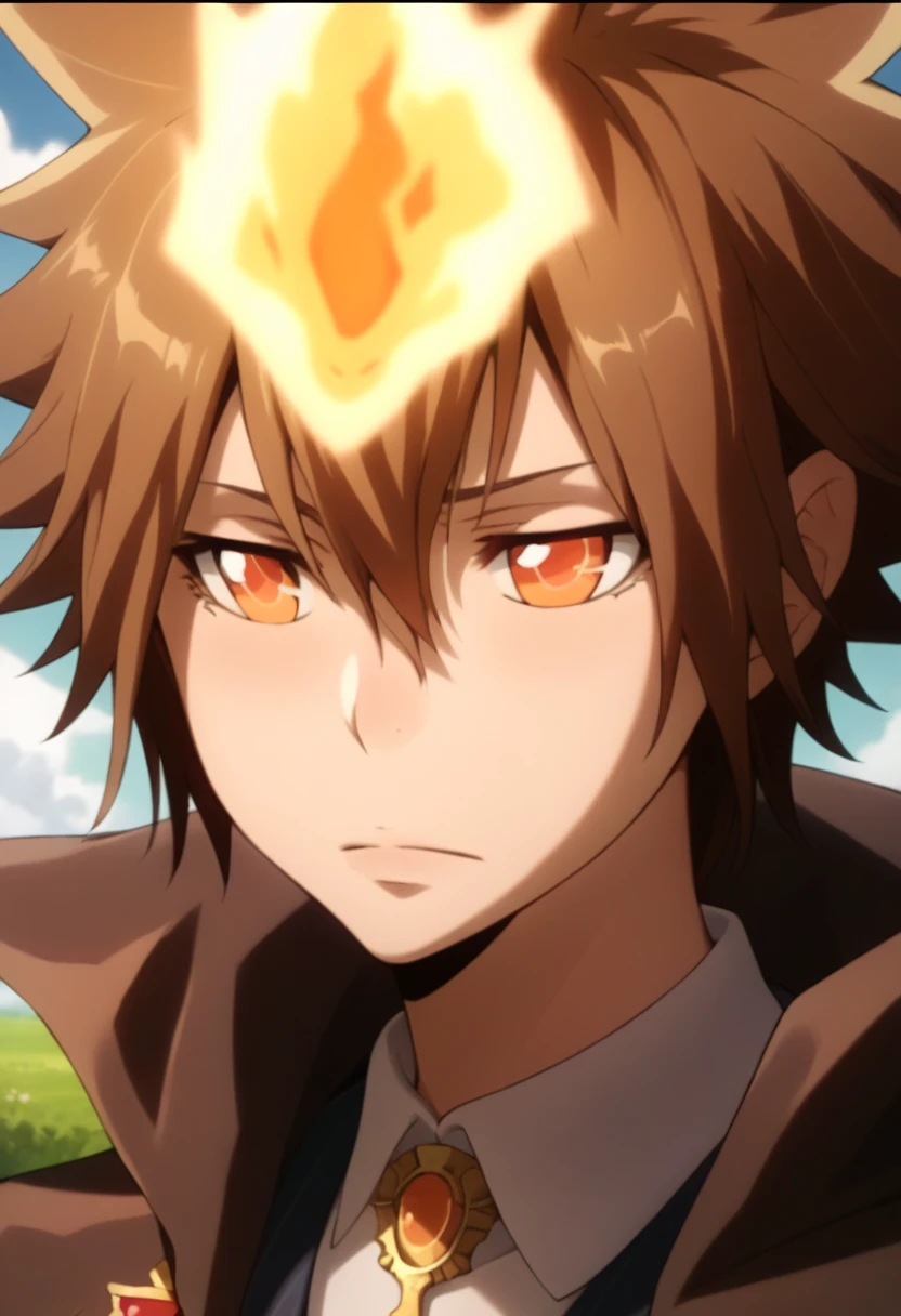 score_9, score_8_up, score_7_up, score_6_up, highly detailed, masterpiece, best quality,detailed,intricate details, amazing quality, best aesthetic, absurdres,source_anime,tsuna_hyper, fire on head, brown hair, orange eyes