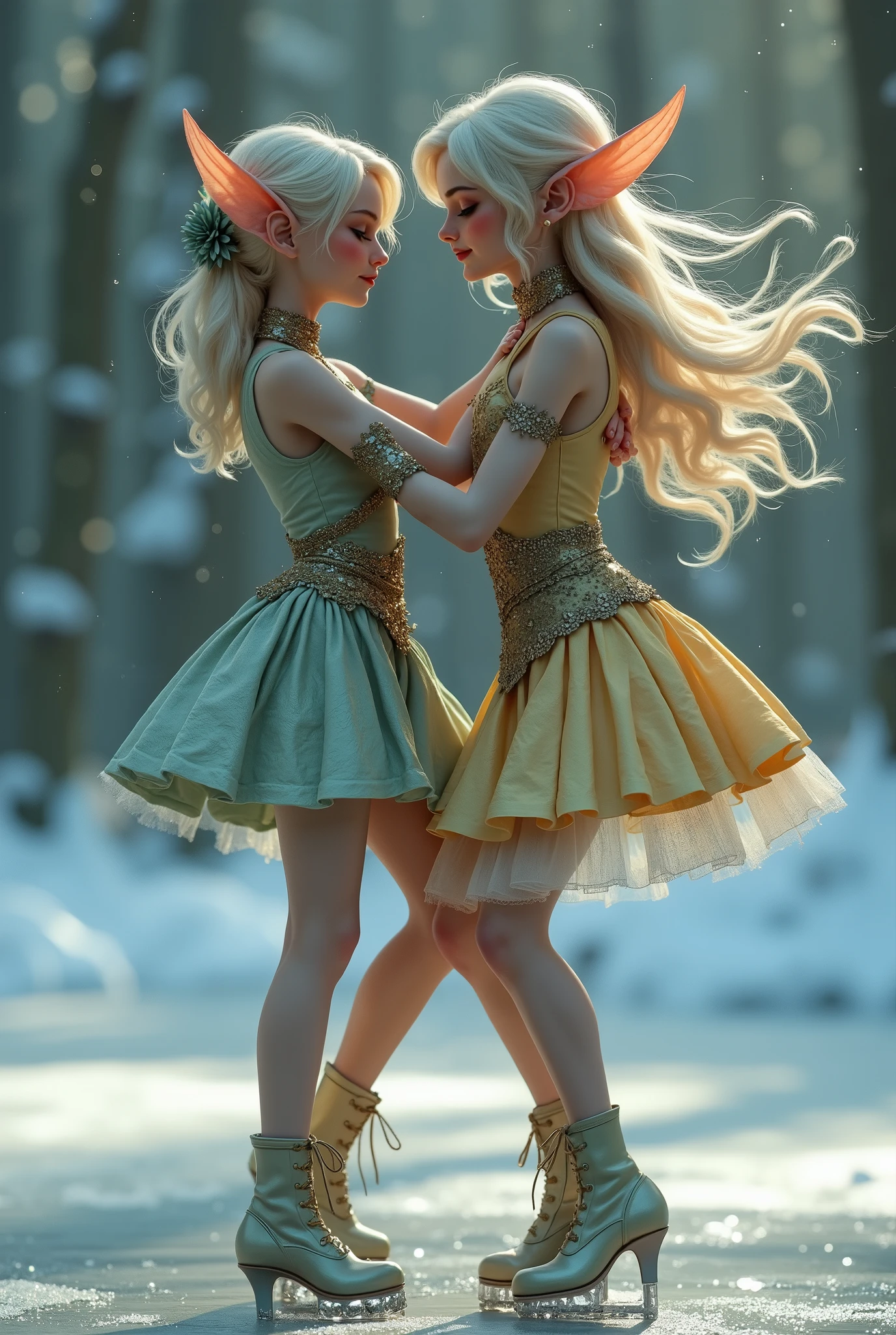 A beautiful dance on ice featuring two elfs, dressed in glossy dresses, realistic and fantastical atmosphere, ethereal lighting, intricate details, whimsical background, soft glows, elegant poses, magical winter scenery