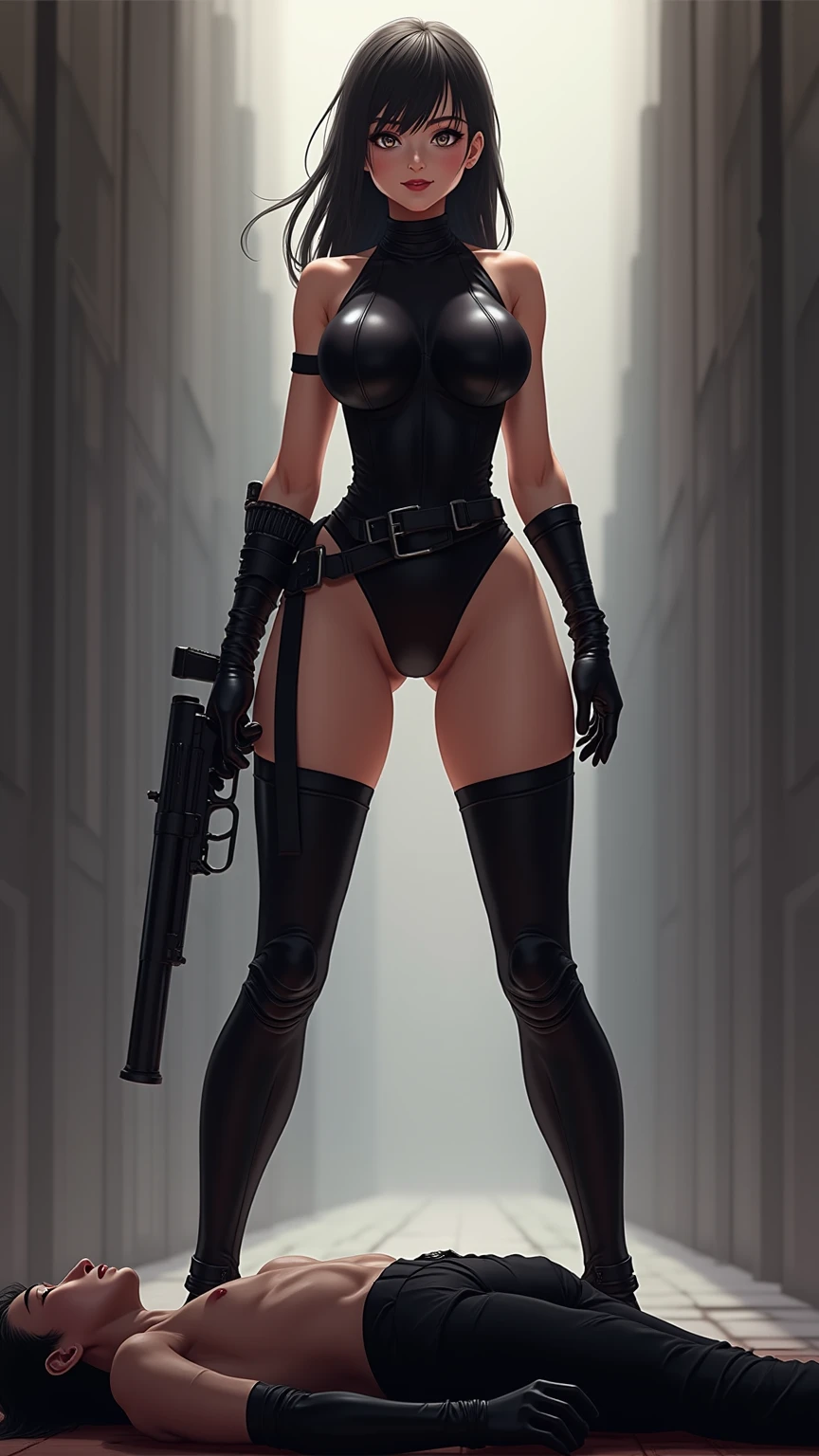 (Anime style), ((Mature Woman)), Female Policeman, Black Belt, Openware, Leather Jacket, Dark Brown Long Hair, Police Badge, Strap on Chest, Big Rifle, Gun, Dungeons with Bullet Hole Marks in the background, Thigh Height, Black Leather Boots, Provocative Poosing, High Leg, High Leg Thong, Night, Naked Tits, Clothes Dressed, Boobs, Side Boobs, Side Boobs, Cleavage, Police Uniform, Baseball cap, headset, under, ((low leg laces)), (((skindentation)), panties pulled down, exposed, (shiny on), glossy all over the body, buttocks focused, (standing, legs spread, bent), big buttocks, hip shots,