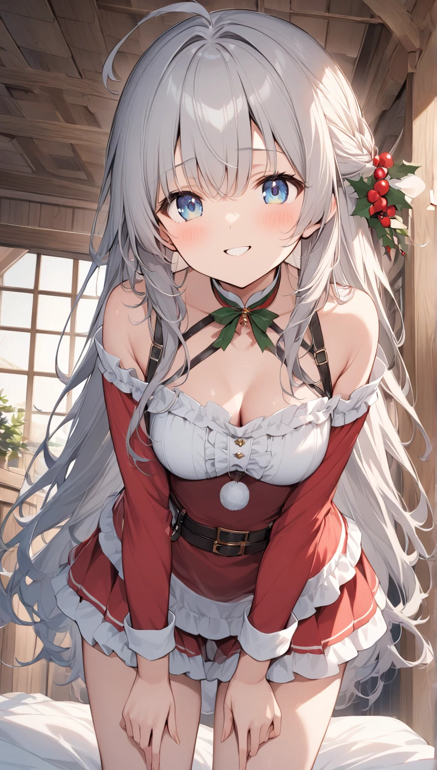 (silber hair:1.5),(Fluffy hair with curls:1.2),(blue eyes:1.3),(With bangs),Slight red tide,(christmas color ribbon:1.4),(Fluffy and luxurious Santa costume 1.45),(A room at night with moonlight shining in:1.6),(Your eyes are shining like stars:1.5),(A man's room living alone:1.45),(simple men&#39;s room),(Fluffy carpet:1.35),(Limb restraint:1.4),(Eye size:1.7),(drooing eyes:1.65),(Hand flail:1.4),(fetters:1.4),(close up of face:1.35),(Hand flailとfettersは鎖で繋がっている:1.4),(SM Play:1.4),(nsfw:1.35),(lying on the carpet:1.3),(lie down:1.45),(red blush:1.4)