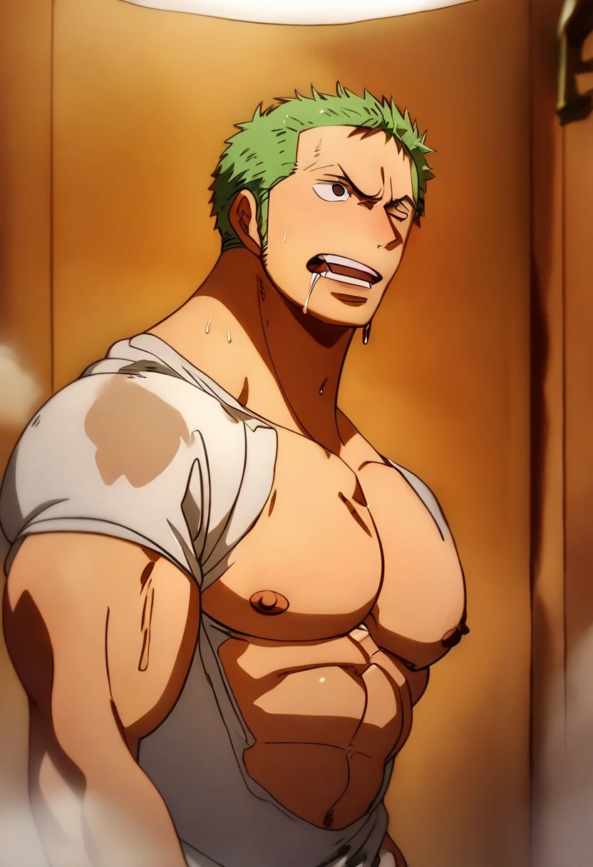 Roronoa Zoro standing in a sauna room, becoming a jock bodybuilder obedient to Coach, shirtless, double biceps pose, muscular, muscles, broad shoulder, massive pecs, sweaty, blank eyes, hypnotized, brainwashed, focused, High Resolution, drooling