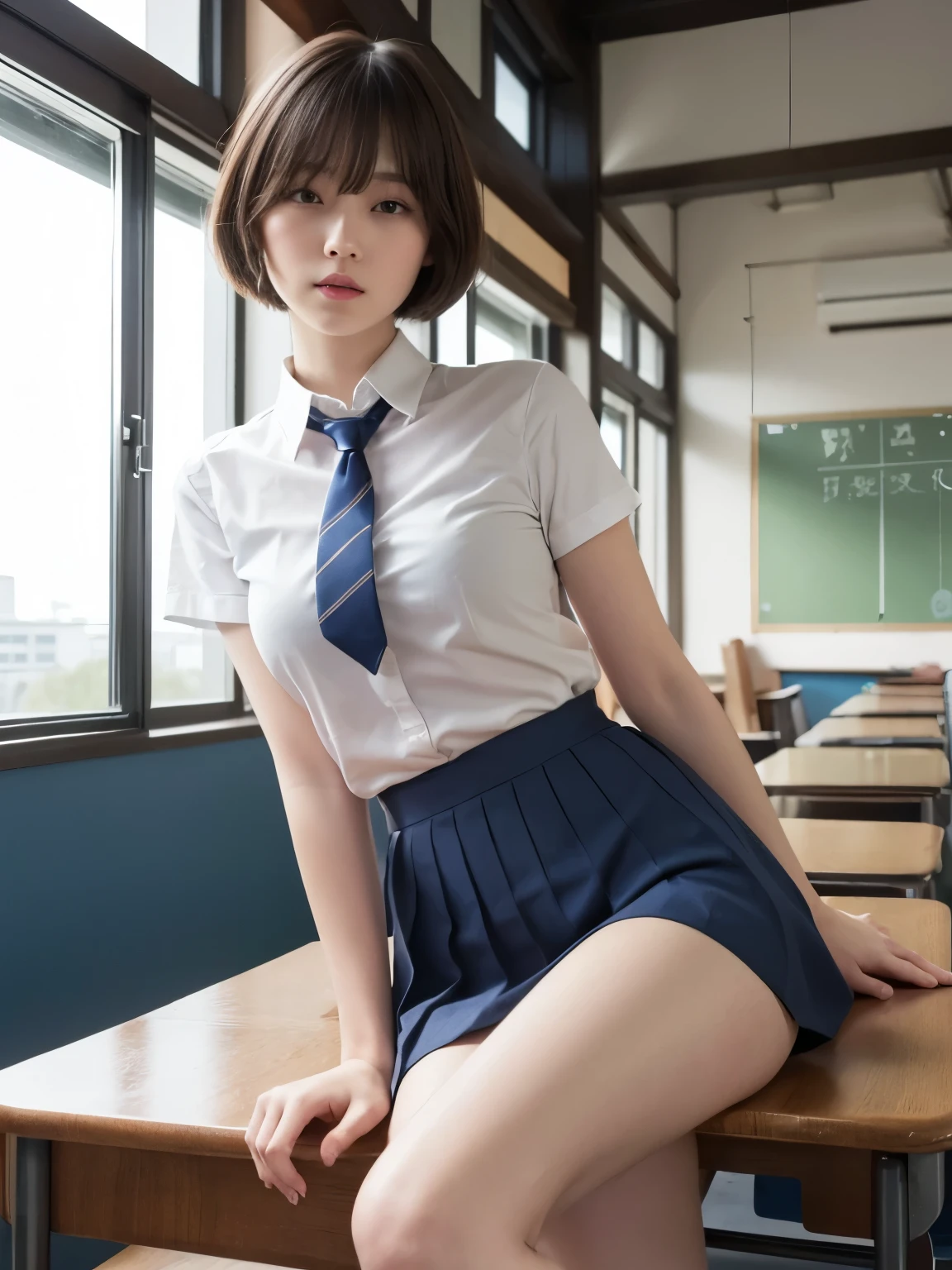 Highest quality、、masterpiece、Ultra-high resolution、Clear photos、(とてもcute 女の子、beautiful girl、 cute!、Berry Short Cut、Brown Hair)、 slender、smile、School classroom、Wear a uniform、Sit on a chair、(((With legs wide open、M-shaped legs)))、(Please lift your skirt、Show off her white panties:1.2)、Full body photo