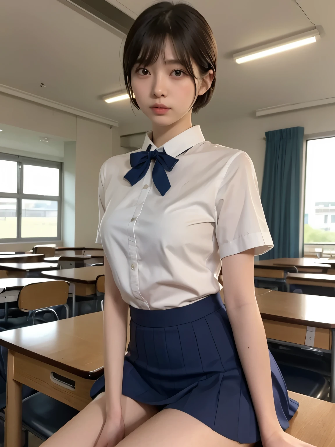 One person、、Full body photo,slender、woman、White drool coming out of the mouth、smile、、、Short Bob Hair、 Fair skinned and super cute、Soft and Face、8k resolution、Surreal、Ultra high definition、 A-cup small breasts((Highest resolution、8k、masterpiece:1.3))、Ultra-fine face、Ultra Fine Lips、Beautiful Eyes、double eyelid,Pink wall、Navy blue tie、White shirt、Yellow Skirt、Thighs、thin,Thighsが見える、Shapely small breasts、sexy、So cute!,Sitting in a chair、Thighsが見える、