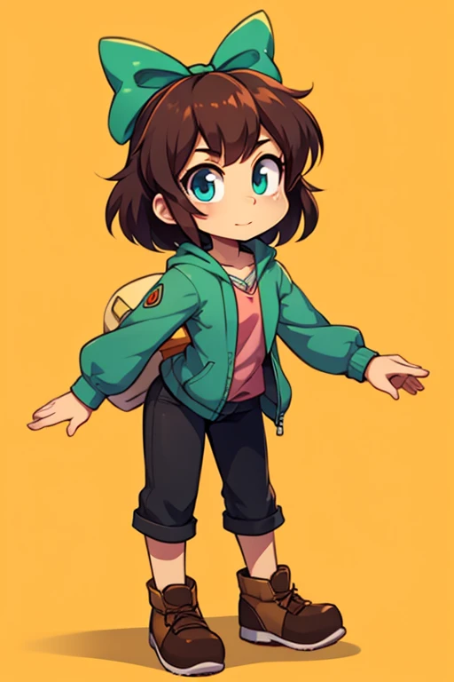Character with light brown hair, camisa blanca con tirantes y un hoodie de color verde con forma de dinosaurio en el gorro, estilo cartoon