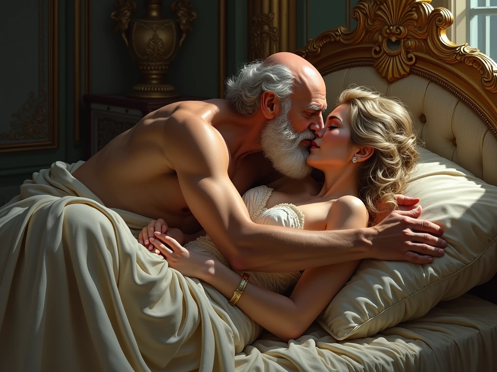50 year old king bare chested sleeping in his bed with a group of lustful women 