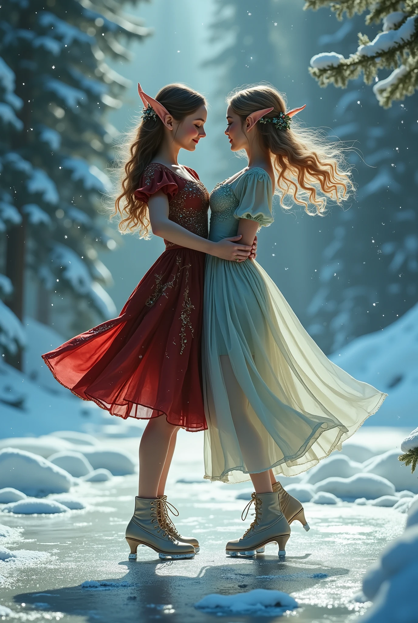 A beautiful dance on ice featuring two elfs, dressed in glossy dresses, realistic and fantastical atmosphere, ethereal lighting, intricate details, whimsical background, soft glows, elegant poses, magical winter scenery