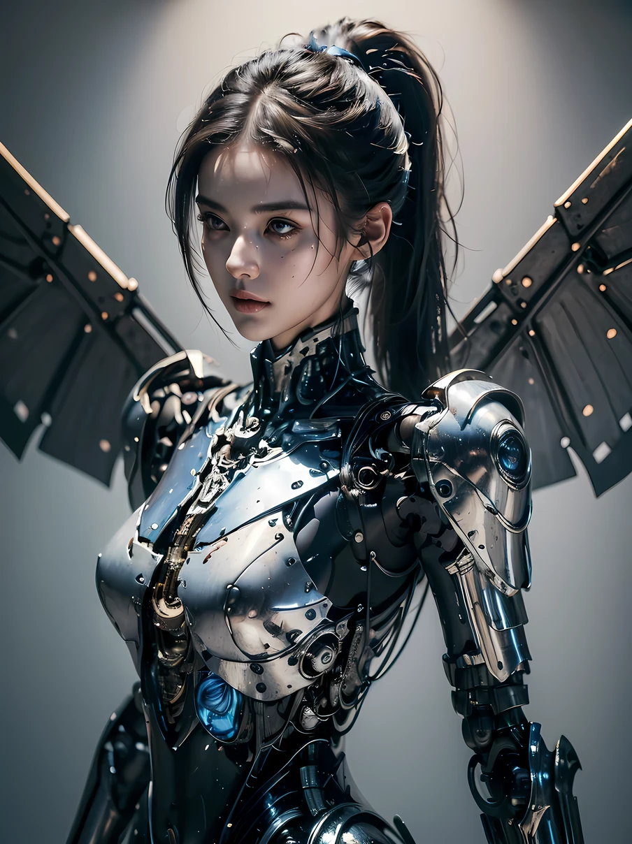 (((Best quality, 8k, Masterpiece: 1.3)), ((best quality)), ((masterpiece)), (detailed), perfect face, black hair, bangs, long ponytail, mole under eye, symbol-shaped pupils, cinematic lighting, chiaroscuro, textured skin, masterpiece, high details, super detail, A scene from a science fiction movie. A soldier who works in a city on a different planet from Earth. Wearing a functional bodysuit. The shoulders and arms are equipped with mechanical parts. young woman, jewelry, goggles, mechanical wings