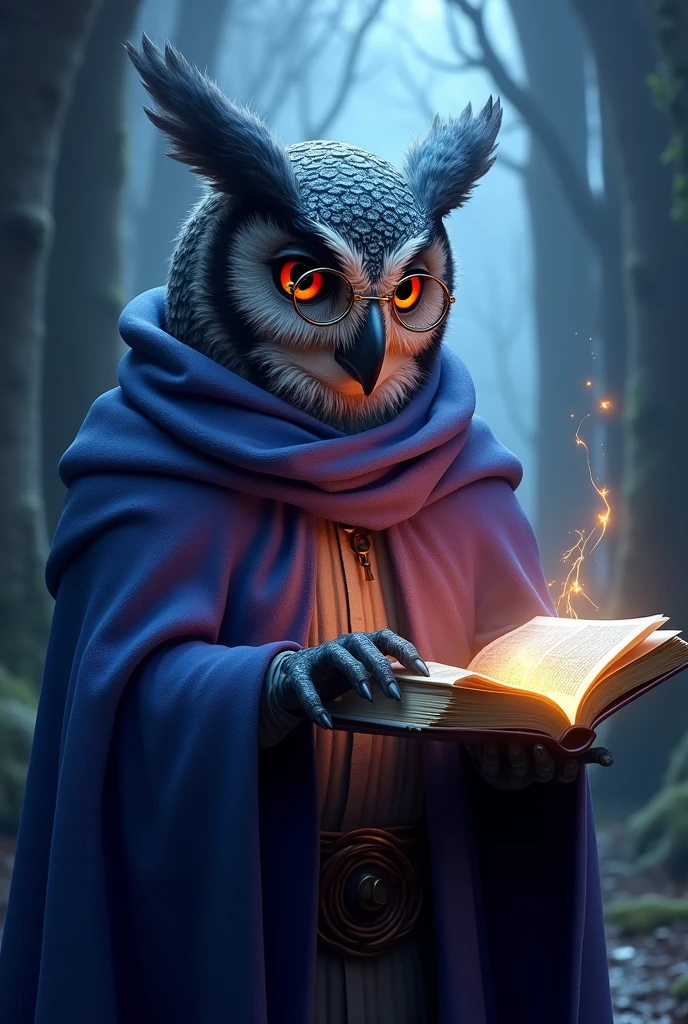Humanoid Owl Wizard, herself wearing glasses, purple and blue cloak ...