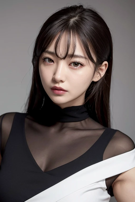 vivid,Normal chest,((between legs)),cute,(Detailed face),Sharp Eyes,Turtleneck sleeveless sporty vinyl,Ultra-high resolution,（Photorealistic：1.7）,Black long hair,Gray background,