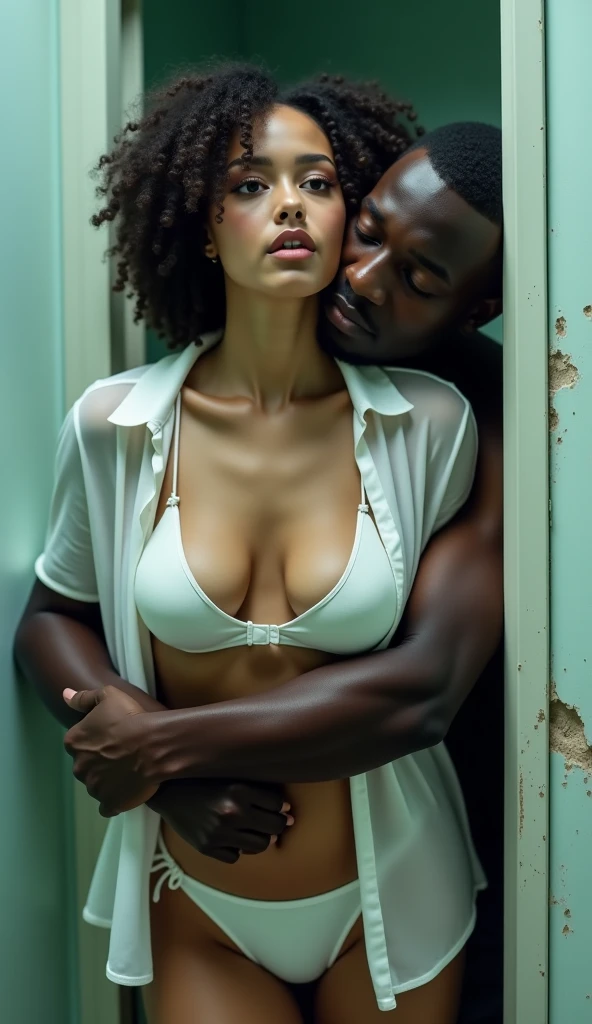 A happy woman cheating on her husband with a black man and the cuckold crying