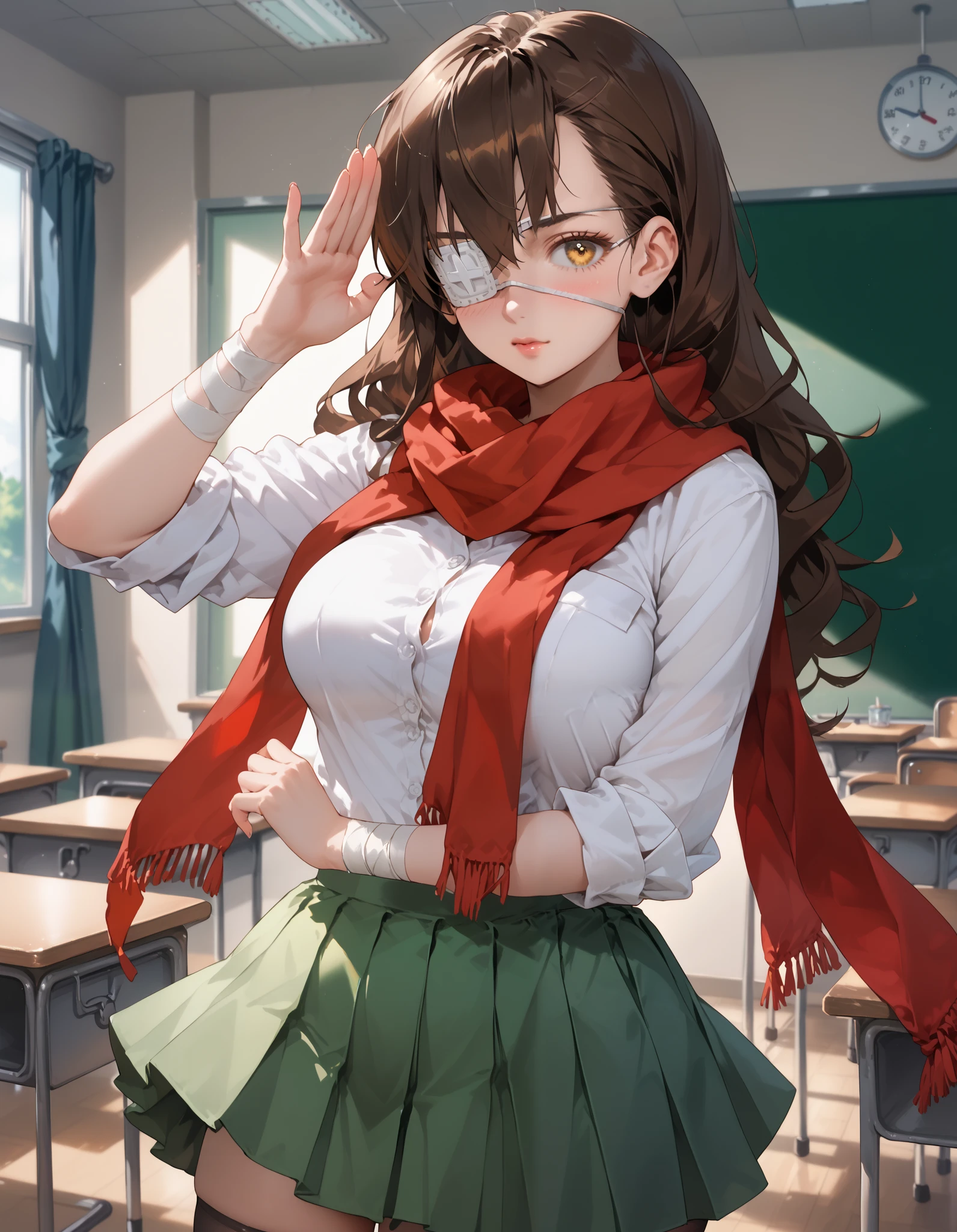 A girl with long brown hair, long hair, medical eyepatch, long scarf, bandages over arm, amber eyes, big breasts, thick thighs, white blouse, black stockings, green skirt, red ribbon, high school girl, classroom, warm light, afternoon, shy gaze, adorable, Rintarou_Okabe_Pose