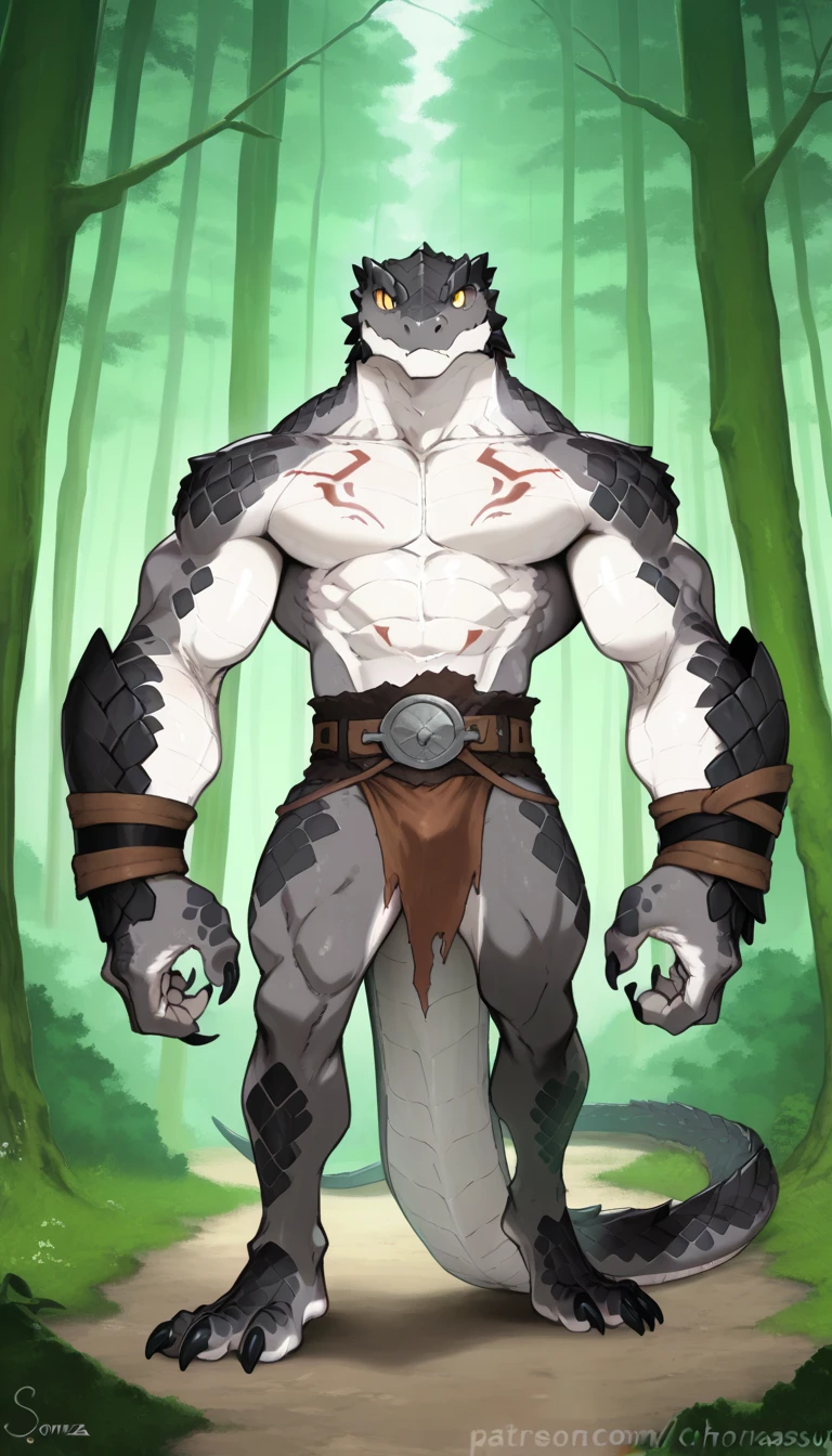 naga, hermaphrodite, ht_riza, black and purple scales, black back, solo, big arms, bara, detailed scales on abs, anthro snake, anthro, closed mouth, tribal tattoos on the body, detailed scales, scalie arms, muscular, thick scales on arms and legs, proporcional body, wide chest, trapezoid body type, marked jaw, thick snake tail, best quality, 4k, ultra-detailed, detailed illustration of 4K, horror, forest scenery, By bebebebebe, by buta99, by chunie, by sonsasu, by danza,