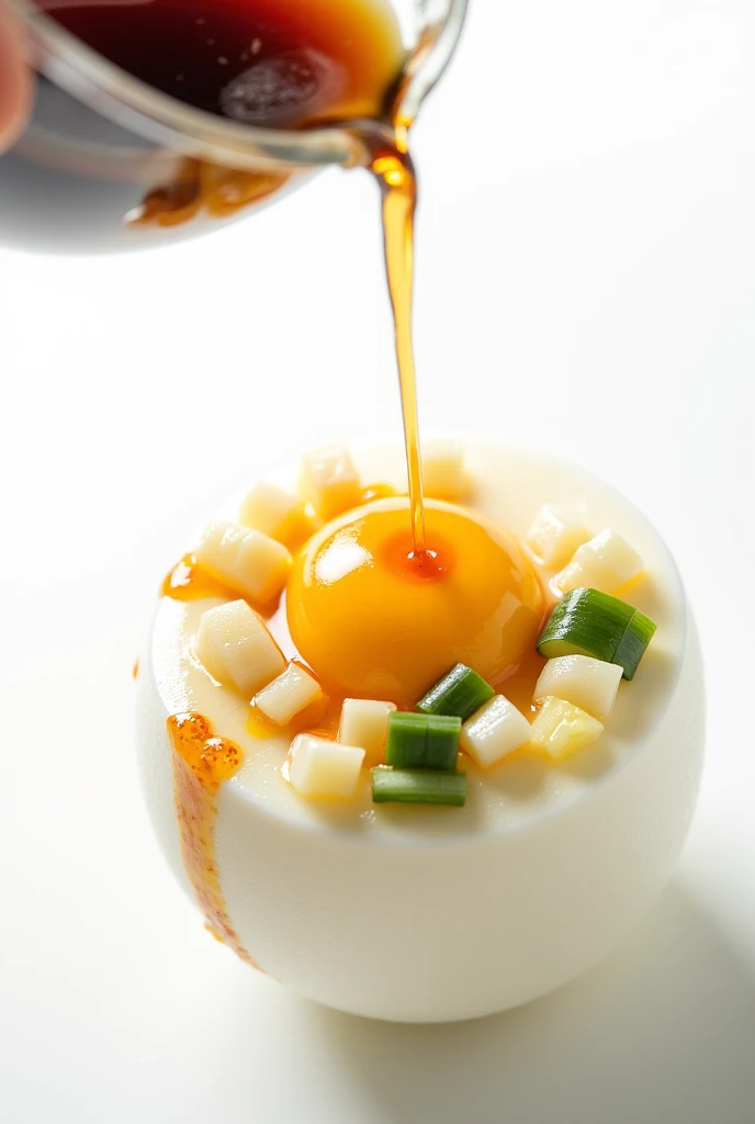 Zoom image Side white boiled duck egg white mass with creamy red egg yolk. On the yolk face, pour chili, garlic, alley garlic, clear black sauce water in a clear plastic cup the size of the egg.