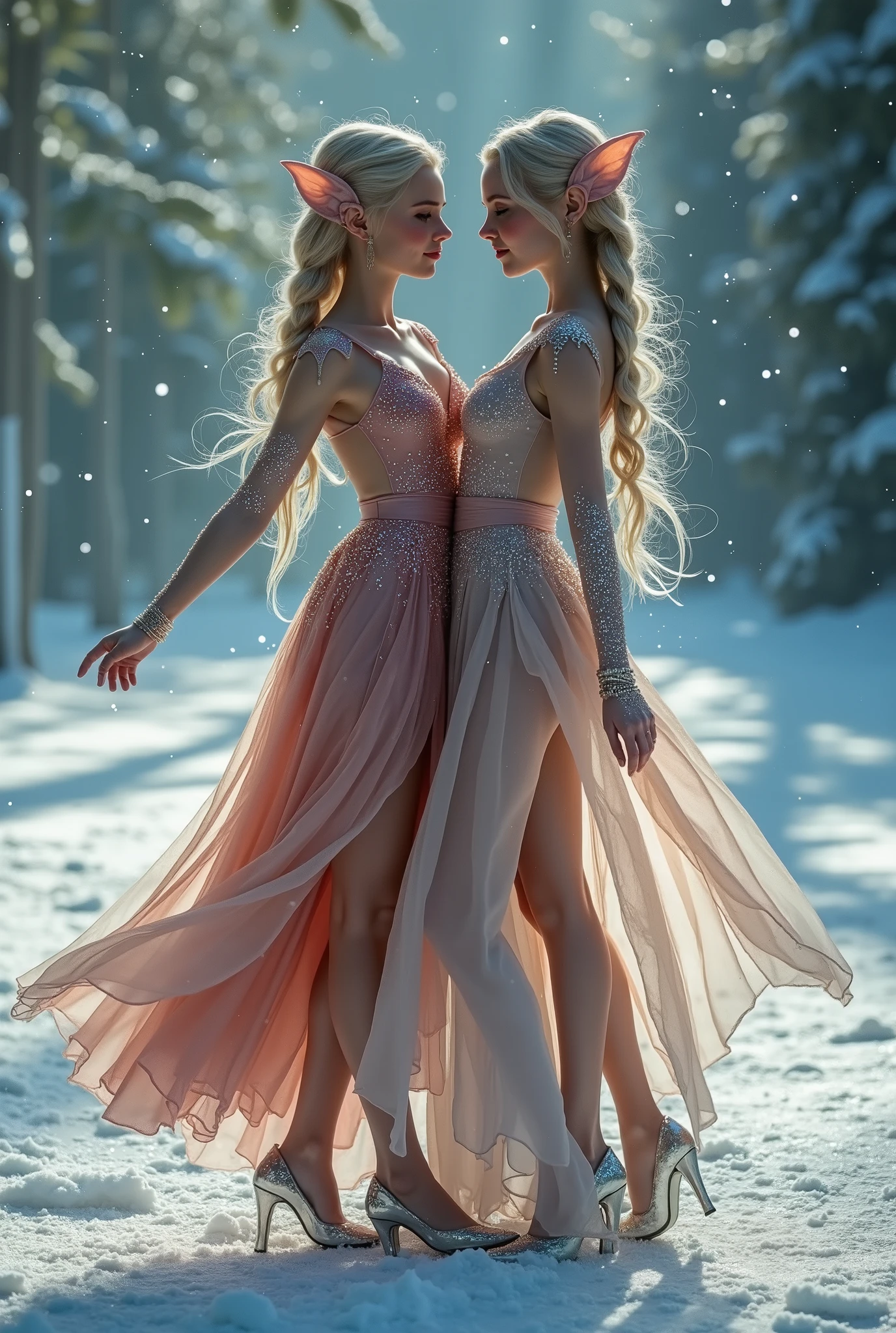 A beautiful dance on ice featuring two elfs, dressed in glossy dresses, realistic and fantastical atmosphere, ethereal lighting, intricate details, whimsical background, soft glows, elegant poses, magical winter scenery