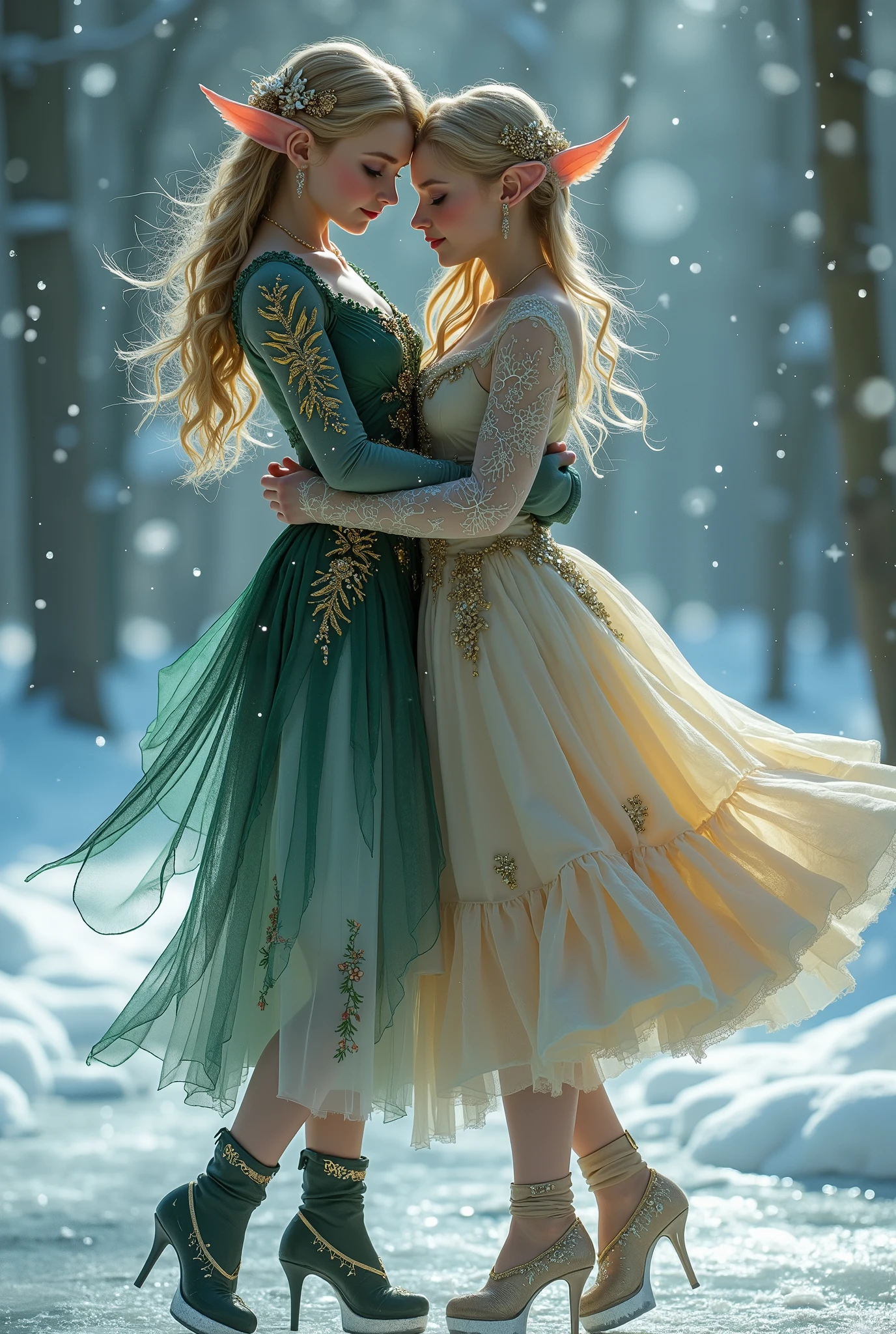 A beautiful dance on ice featuring two elfs, dressed in glossy dresses, realistic and fantastical atmosphere, ethereal lighting, intricate details, whimsical background, soft glows, elegant poses, magical winter scenery
