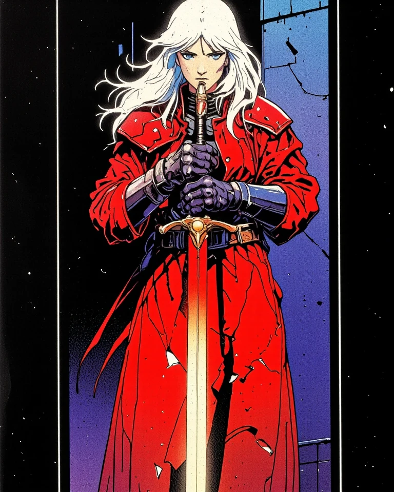 A vibrant, highly detailed, and dramatic painting. (80s Style), (Noise Effect:1.3), (VHS Grain Effect:1.2) Art style by Noriyoshi Ohrai, Art style by Moebius Jean Giraud, (masterpiece, 4k ,ultra detailed,raw photo:1.2),illustration,(symmetry:1.2),(art deco:1.4),(minimalism:1.4),(clean:1.4),(flat_color:1.4), 64k, HDR, highly detailed, ultra sharp
A mesmerizing photorealistic masterpiece capturing a solitary figure of a young girl with ethereal white hair cascading down her back. Her piercing blue eyes gaze directly into the viewer's soul, revealing a blend of innocence and resolve. She stands with an air of defiance, clad in a torn red coat that flutters dramatically around her, unveiling the intricately designed armor beneath. Her attire is reminiscent of a futuristic cowboy, with black gloves that extend to her elbows and a cinched waist belt adorned with a pouch. The garments are meticulously painted with a glow that suggests an otherworldly presence. With one hand gracefully behind her back, she holds a glowing sword that seems to be an extension of her own essence. The sword's blade is an interplay of light and shadow, emanating a soft luminescence that mirrors the glow from within the artwork's intricate details. Her stance is elegant yet powerful, one foot slightly forward, as if poised for battle. Her black pants blend with the darkened surroundings, allowing the focus to rest upon her starkly contrasting white hair and the red coat. The background is a moody blend of shadows and light, hinting at a mysterious, possibly dystopian world. This captivating piece is inspired by the enchanting styles of Brian Froud's fantasy realms, Carne Griffiths' whimsical detailing, and Wadim Kashin's mastery of light and form. Each brushstroke is a testament to the artist's unparalleled skill, creating a scene that is as much about the character's inner strength as it is about the tangible reality of her surroundings. The glowing weapon in her grasp is not just a sword, bu