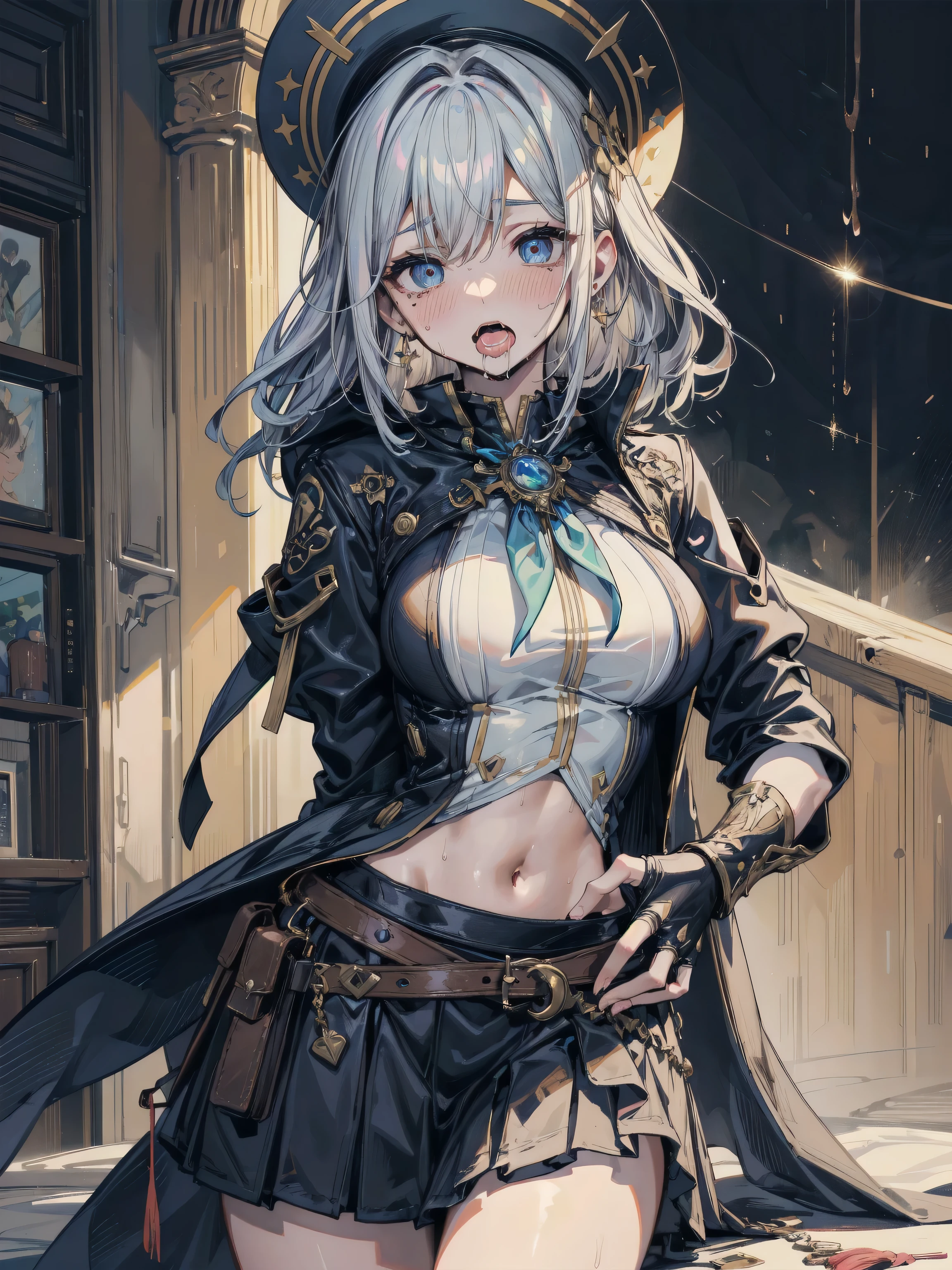 (fantasy:1.5),(anime,8k,masterpiece, top quality, best quality,beautiful and aesthetic:1.2,professional illustrasion:1.1,ultra detail:1.3,perfect lighting),extremely detailed,highest detailed,incredibly absurdres , highres, ultra detailed,intricate:1.6,(Alchemy Workshop:1.4),A girl mixing,Medicine in many small bottles,holding small potion,cute colorful:1.5,zentangle,(1girl),(girl),(Military uniform, bulletproof jacket), (double breasted,under bust:1.2), sitting at a table, cute, highest quality visual of a cute girl,eating cakes, young girl, guweiz, high quality artstyle, girl, artwork in the style of guweiz, beautiful girl, pretty girl, (highly detailed beautiful face and eyes,firm breasts),oily skin,((black,hair,long pony tail hair)),thin pubic hair,cute,lovely,24 years old,alchemist costume,Merchant's Clothing,smile,seductive weak smiling,(with sparkling eyes and a contagious smile),open mouth, Looking at Viewer,