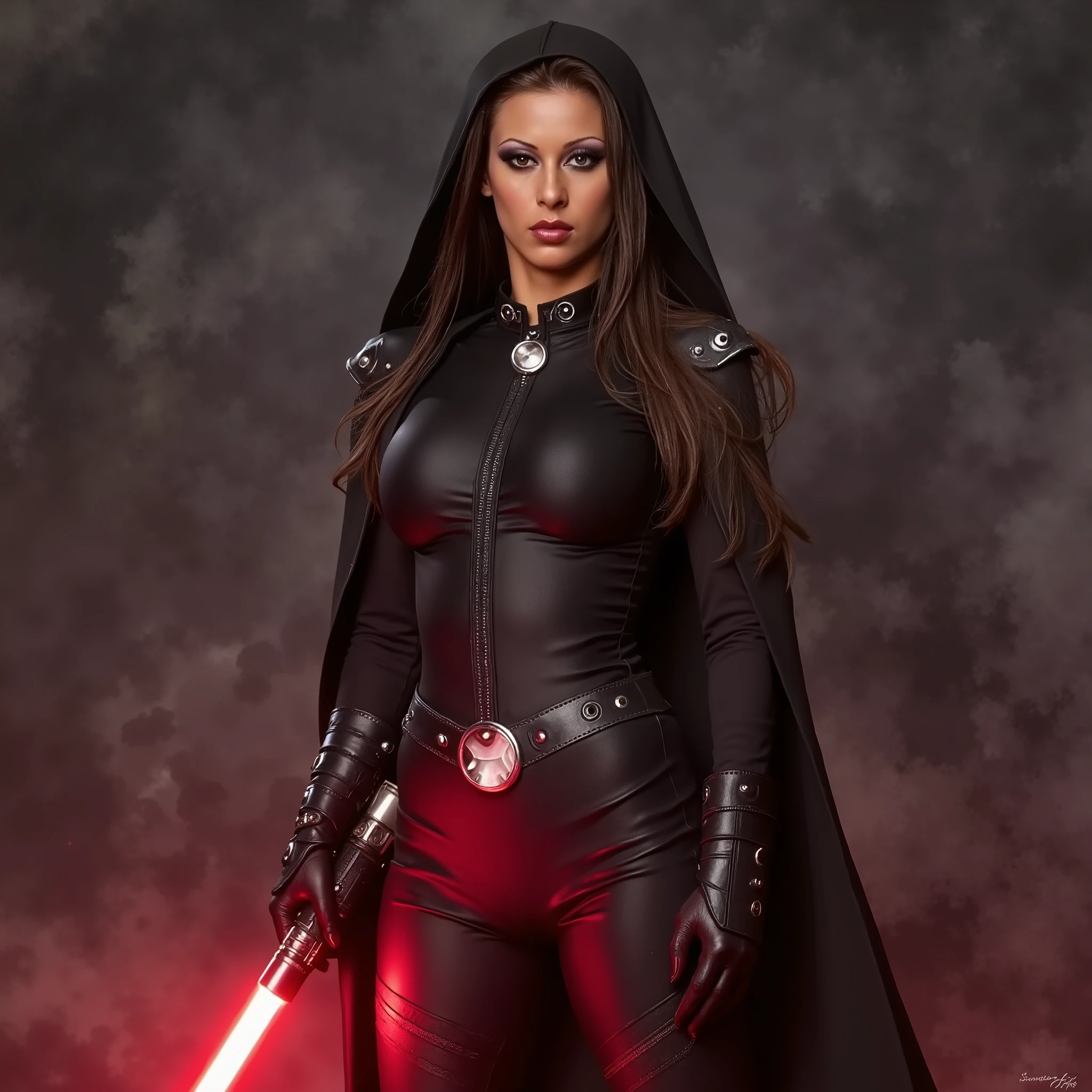 arafed woman as a Mara Jade Skywalker with perfect eyes with long hair, dressed in tight leather turtleneck combat outfit with pauldrons, using a red lightsaber, a hooded cape, dark blurry background with red glow, 