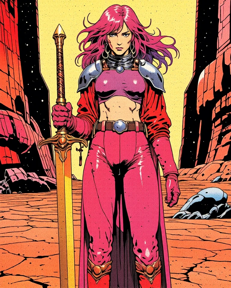 A vibrant, highly detailed, and dramatic painting. (80s Style), (Noise Effect:1.3), (VHS Grain Effect:1.2) Art style by Noriyoshi Ohrai, Art style by Moebius Jean Giraud, (masterpiece, 4k ,ultra detailed,raw photo:1.2),illustration,(symmetry:1.2),(art deco:1.4),(minimalism:1.4),(clean:1.4),(flat_color:1.4), 64k, HDR, highly detailed, ultra sharp
A majestic Pink Lady stands victorious amidst a barren desert landscape of cracked earth and twisted rock formations, her toned physique showcased by a supple leather crop-top that clings to her curves. The scorching sunlight casts a golden glow on her massive scimitar's curved blade, as she holds it firmly in hand. Vibrant pink hues from her armor and flowing locks provide a striking contrast against the desolate backdrop, symbolizing strength and defiance blooming amidst unforgiving conditions.