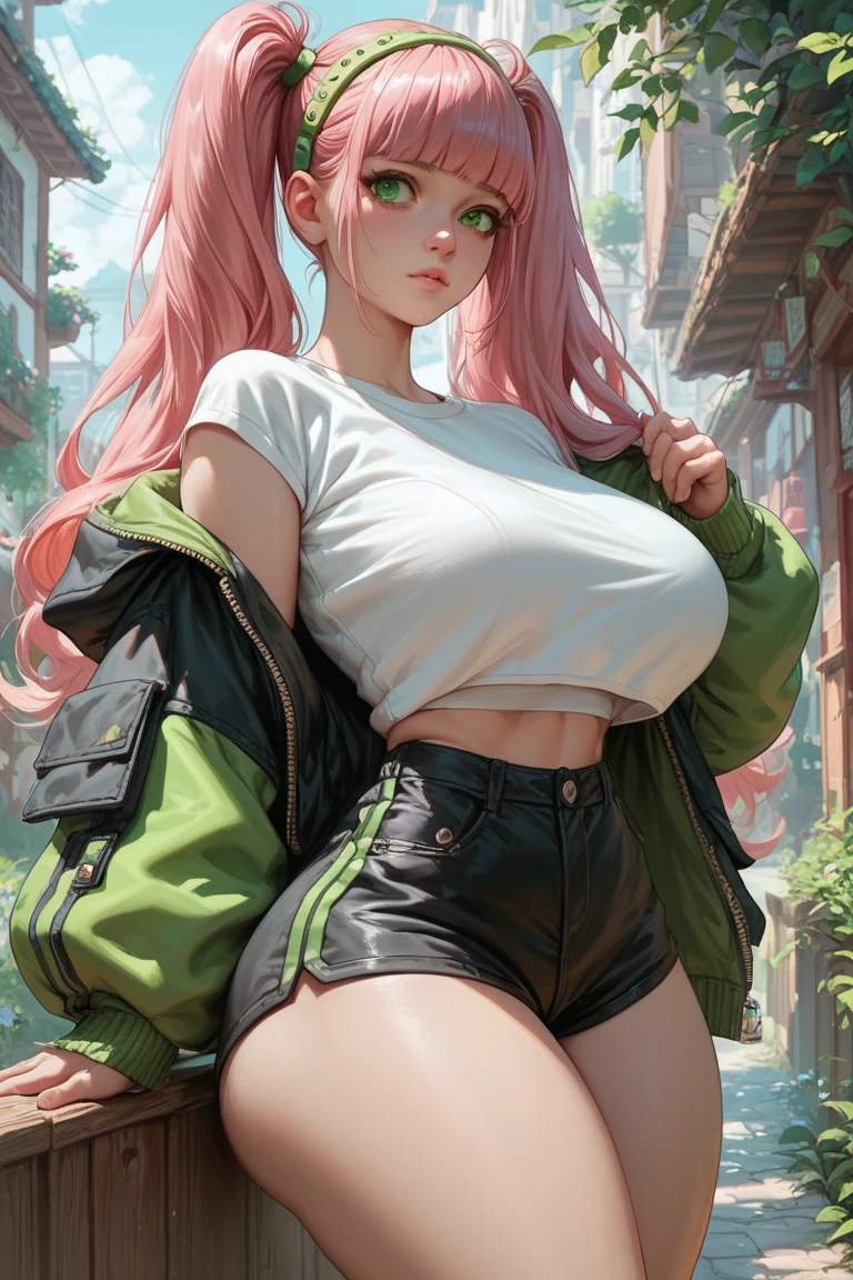 1 girl, long pink-green, white headband, medium breasts, big hips, beautiful legs, perfectly detailed, she wears an unbuttoned mini shorts showing her underwear a little, a wet white short shirt slightly unbuttoned,black glasses, she is a shy girl but at the same time, she walks down the street