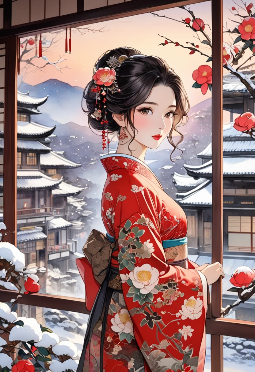  A fusion of ink painting and watercolor painting、A woman with a beautiful oriental face、shiny bright brown-black hair、Camellia Inn、At dusk、white snow scenes、 best quality、masterpiece、