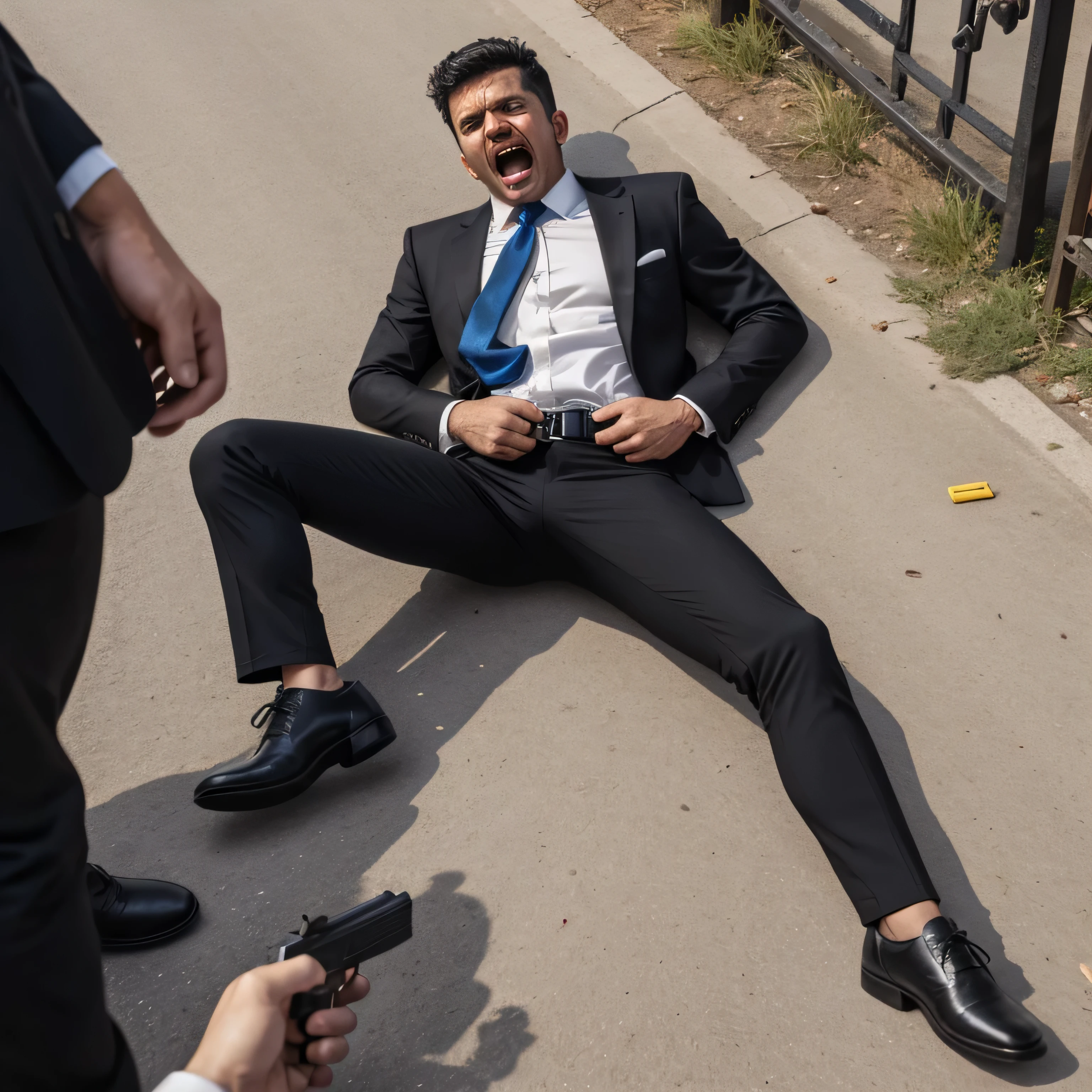50 years old, One Man,、 black suit、black tie、black slim pants。In front of the gate、alert 、 Gunfight、Man Who Was Shot logic, Gay, black hair、Short Hair。 very short hair 、 arabic face Lies on the Ground、 lying on your back to stare、 open her legs 、View from above。 upper body up black slim pants black slim pants Open your mouth wide and scream Painful face after being shot mafia pants chuck The handgun is falling