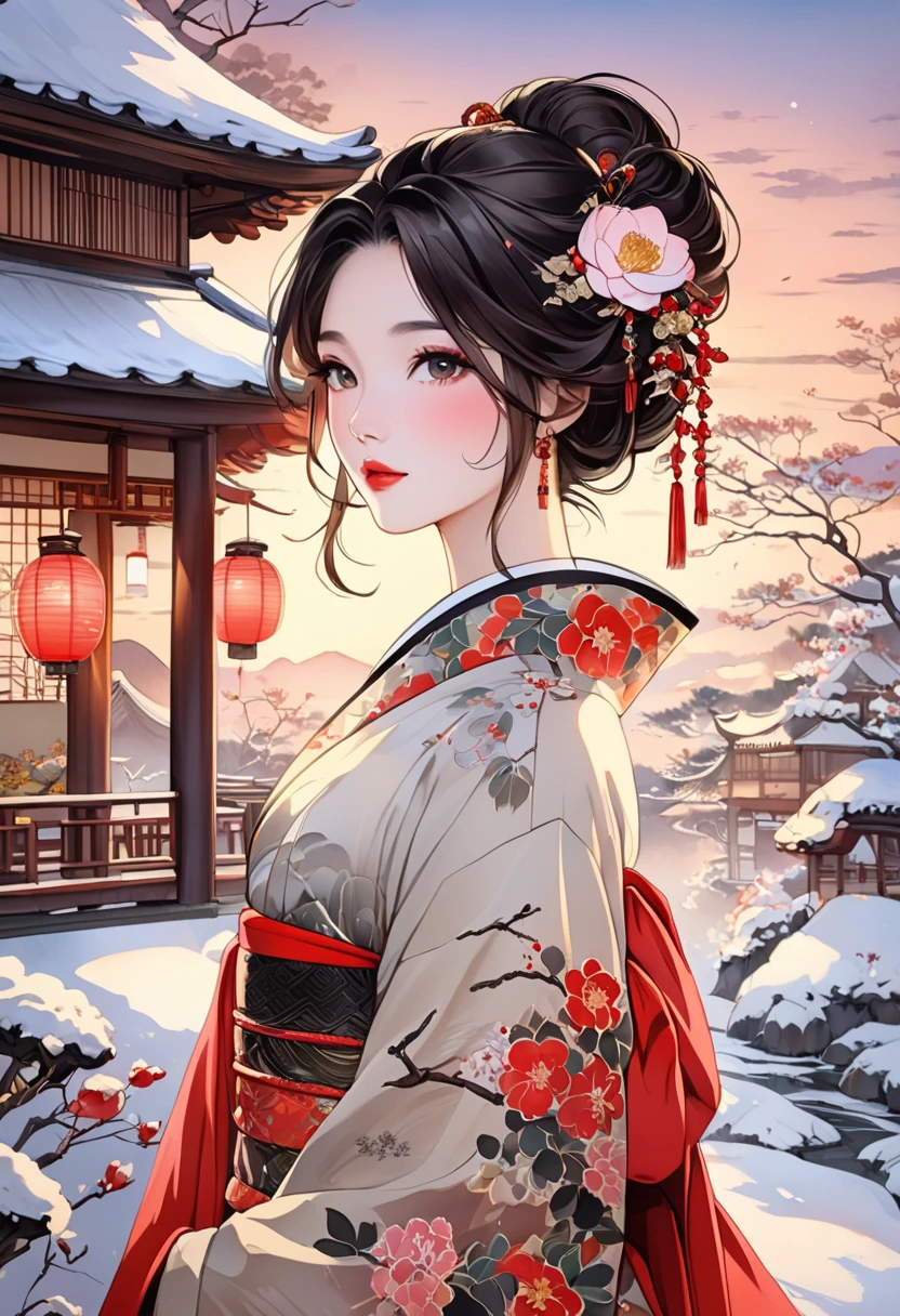  A fusion of ink painting and watercolor painting、A woman with a beautiful oriental face、shiny bright brown-black hair、Camellia Inn、At dusk、white snow scenes、 best quality、masterpiece、