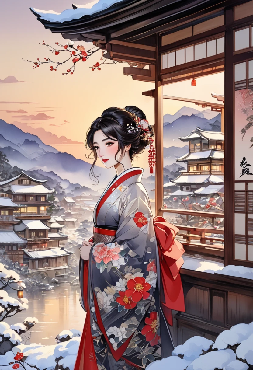  A fusion of ink painting and watercolor painting、A woman with a beautiful oriental face、shiny bright brown-black hair、Camellia Inn、At dusk、white snow scenes、 best quality、masterpiece、