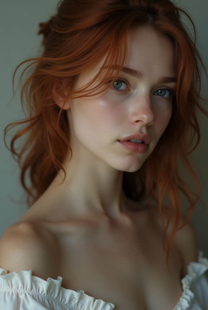 Top quality, (bright lighting: 0.7), masterpiece, big angle shot, RAW photo (pale -yeld Irwoman, looking up at the viewer), cute, (undressed, disheveled, with bright red matted hair), (standing ), full-length portrait, perfect face, captivating eyes, bright details, pouting lips, (high skin detail), freckles,super big breasts, (blue tint: 0.6), (dirty: 0.8), (bloody: 0.7), Key lighting, (backlight: 0.5), medium depth of field, Canon 5D, 50mm lens, f/4 aperture, (ultra-detailed, complex detail), sharp focus, soft colors, 8k, absurd, 8mm film grain, war photography,flirting with camera