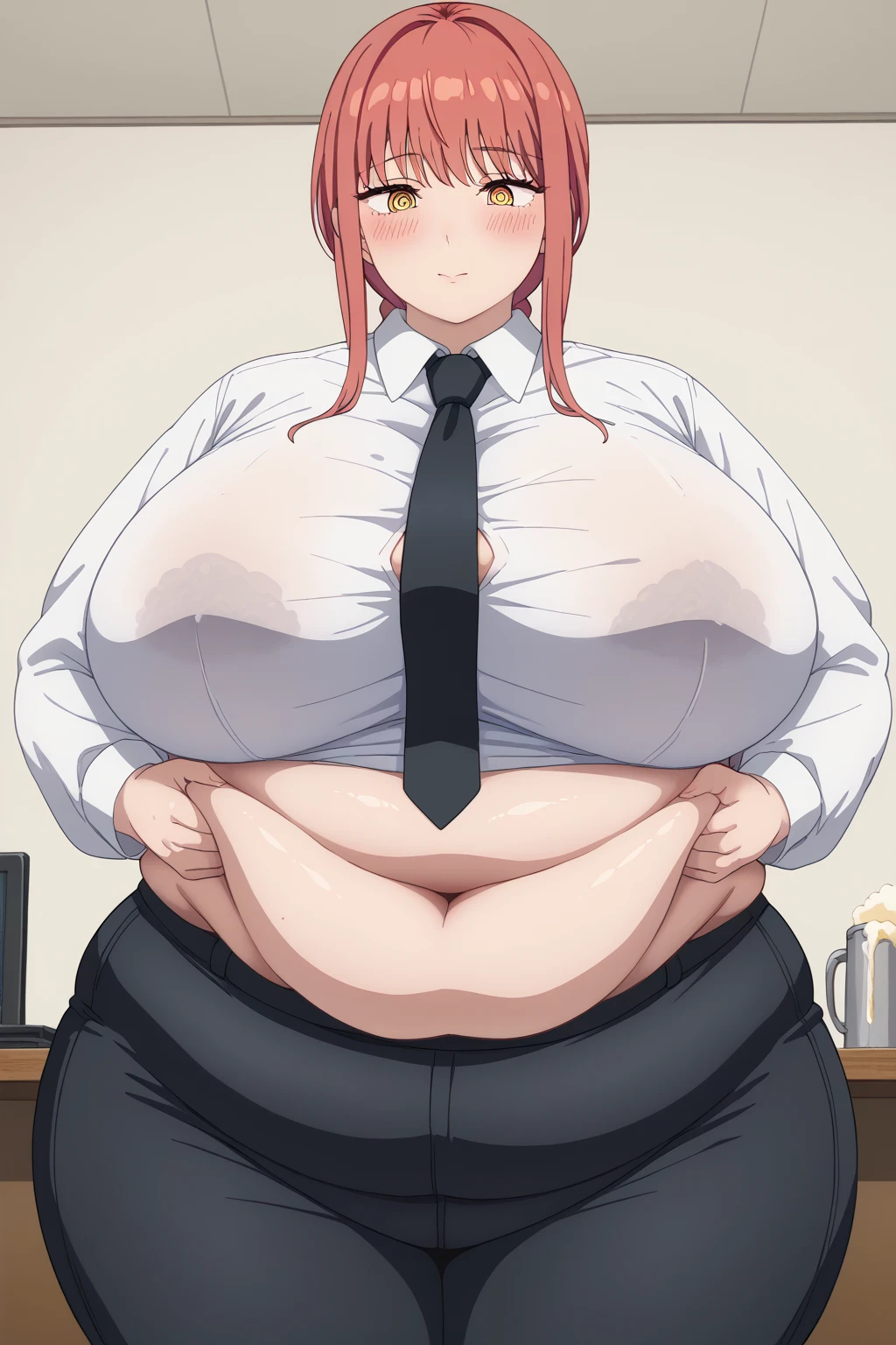 Makima, Makima,  long hair、bangs、 shirt、 Long Sleeve , yellow eyes, white  shirt、 braided 、 thighs、Red Hair、 ties, collared  shirt、 black pants 、black  ties,beer belly,Huge Saggy Tits, company office, troubled expression,blush,Obese middle-aged woman,Severe obesity, Fat face,ssbbw,weight 250kg, score_9,  score_8_ up、 score_7_ up、 score_6_ up、 score_5_ up、 score_4_ up、 Masterpiece、 best quality , A beautiful woman with an obese figure,  absurd、 source_Anime, Anime screencap,  one woman、Alone、 personal  、Super huge breasts,  super huge clevis、Super huge, Super huge boob, curved、 Wide Hips 、 cowboy shot 