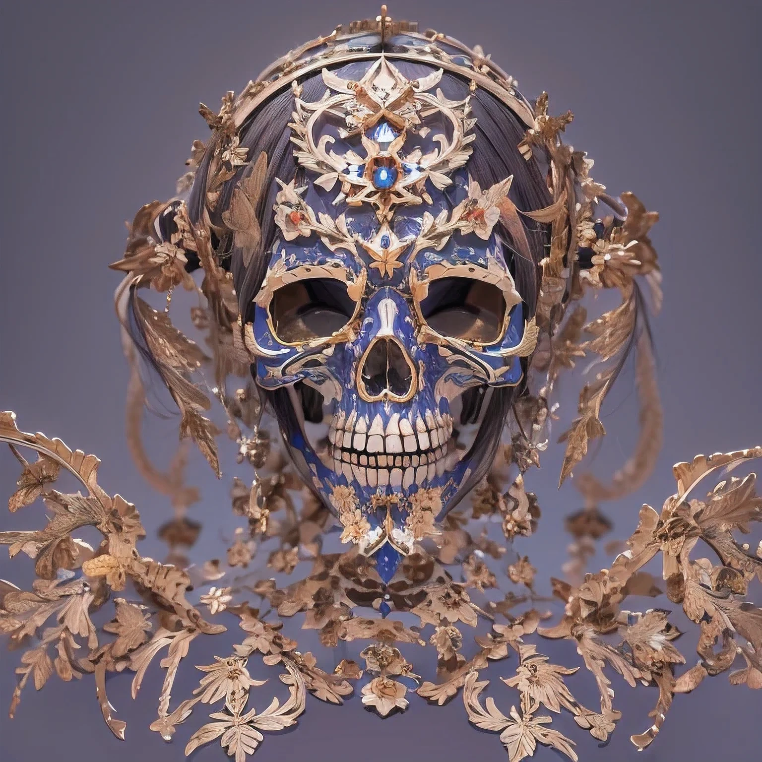 fechar-se, era vitoriana, skull mask, cinematografia, handmade, elegante, meticuloso, magnifica, maximum details, extremely hyper aesthetic, intricadamente detalhado, muito ouro, diamante, Stone Lazuli pencils and pearls, cinematic light and black background