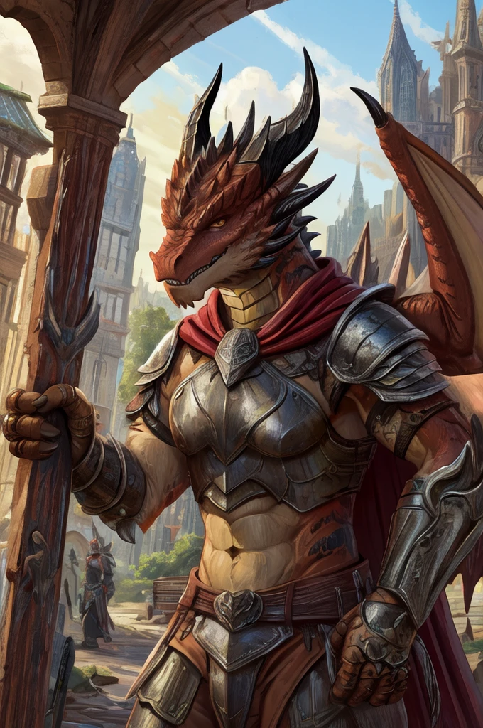 (( top quality)), (( masterpiece fails)), ( detail),  1 girl fights, safi'jiiva.  city market ,  dragonborn ,  slim body , without wings,  looks at the viewer , fantasy,  thieving equipment, dark cape ,  leather armor , DND