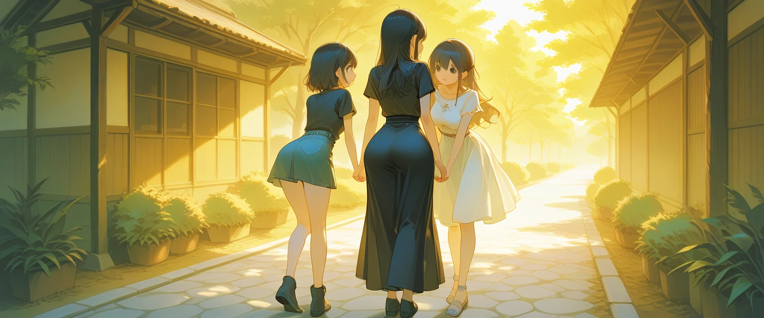 dressed girl, Girls from behind, two young women, in black shirts and skirts, very large skirt down to their feet, round and medium breasts, medium waist, wide hips, large and round butt, backyard, 