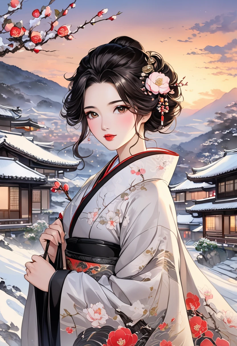  A fusion of ink painting and watercolor painting、A woman with a beautiful oriental face、shiny bright brown-black hair、 facing the front、Camellia Inn、At dusk、white snow scenes、 best quality、masterpiece、