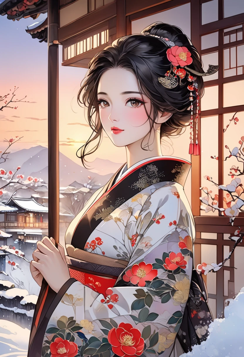  A fusion of ink painting and watercolor painting、A woman with a beautiful oriental face、shiny bright brown-black hair、 facing the front、Camellia Inn、At dusk、white snow scenes、 best quality、masterpiece、