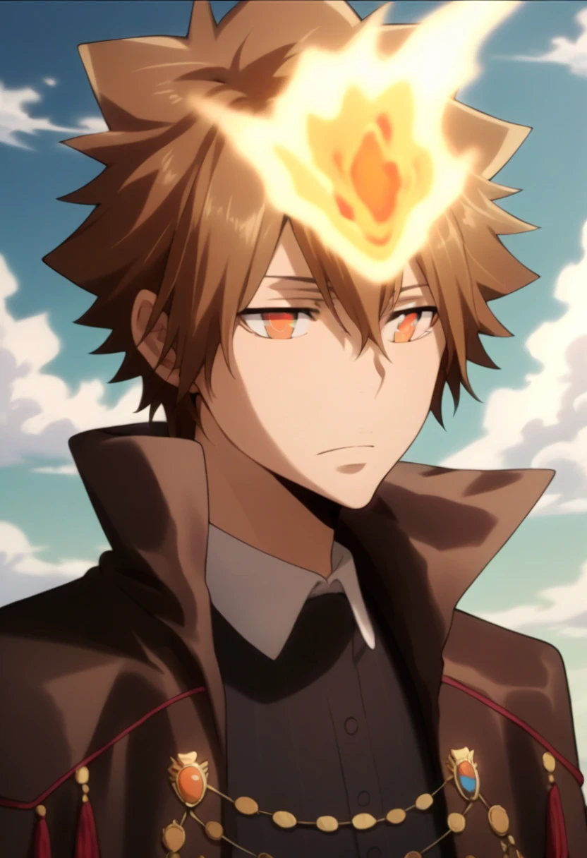 score_9, score_8_up, score_7_up, score_6_up, highly detailed, masterpiece, best quality,detailed,intricate details, amazing quality, best aesthetic, absurdres,source_anime,1 boy,tsuna_hyper, fire on head, brown hair, orange eyes,medium hair