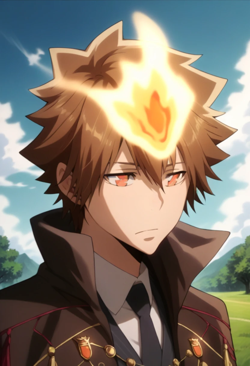 score_9, score_8_up, score_7_up, score_6_up, highly detailed, masterpiece, best quality,detailed,intricate details, amazing quality, best aesthetic, absurdres,source_anime,1 boy,tsuna_hyper, fire on head, brown hair, orange eyes,medium hair