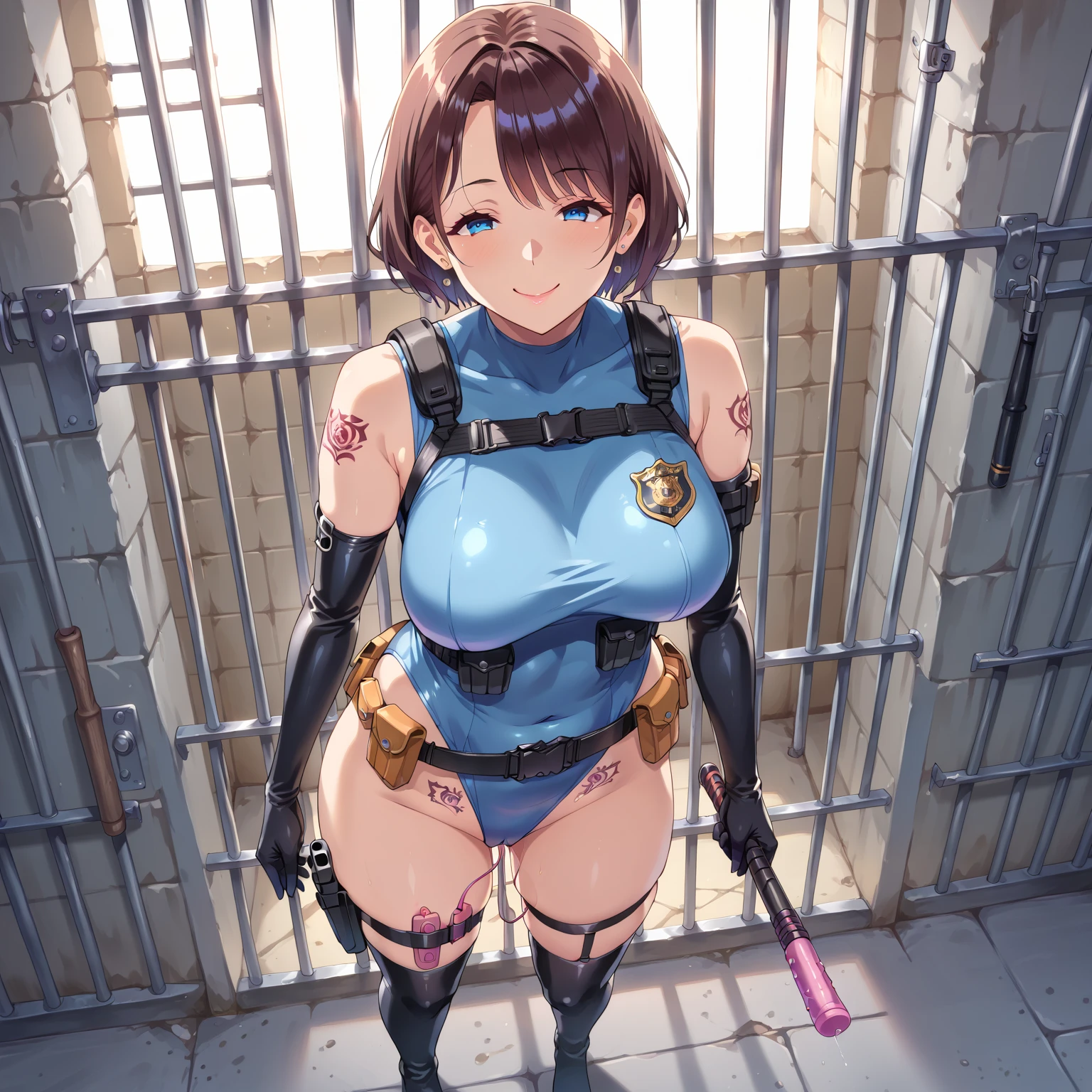 (negative_v2 Color_Balance_Calibration:0.8), (best quality, masterpiece, very detailed), (prison), (police), (Lewd Tattoo), whole body, Illustration, from above, 
AND 
(1Mature Woman:1.5), blown short hair, (tactical vest), (Tactical Belt), (blue leotard:1.3), (Garter Stockings), (Long gloves), (Elbow protector), (Thigh Holster), (Hip Holster), (dildo, baton), egg vibrator, thigh high boots, standing, Wicked Smile, Condescending smile, 