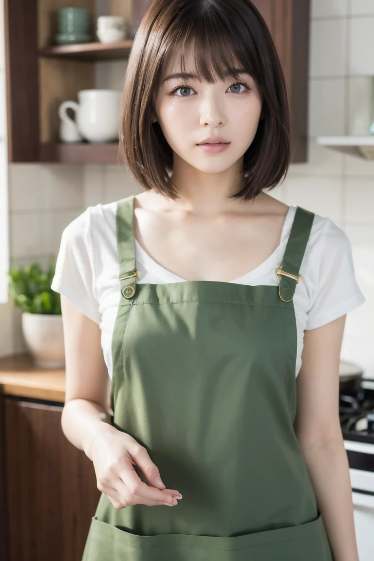 masterpiece,  best quality ,  one woman, (Moss Green、 apron:1.2), Age 25、(RAW 写真 best quality ), (reality, reality的:1.4),  sexy、iris、非常に詳細 eyes and face,  beautiful and detailed nose with the body facing completely, beautiful eyes,  perfect anatomy、 short hair 、bangs、 brunette hair、Droopy eyes、 humble face、Dimly lit kitchen、 light from below、