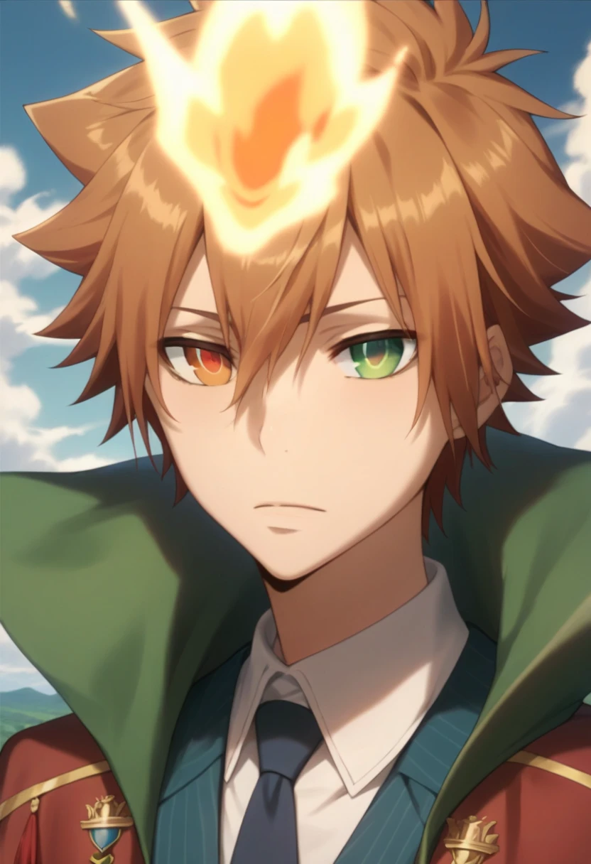 score_9, score_8_up, score_7_up, score_6_up, highly detailed, masterpiece, best quality,detailed,intricate details, amazing quality, best aesthetic, absurdres,source_anime,1 boy,tsuna_hyper, fire on head, Reddish brown hair,heterochromia,orange eye, green eye