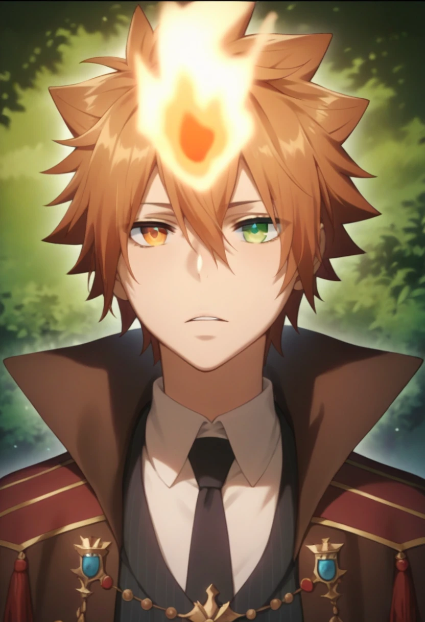 score_9, score_8_up, score_7_up, score_6_up, highly detailed, masterpiece, best quality,detailed,intricate details, amazing quality, best aesthetic, absurdres,source_anime,1 boy,tsuna_hyper, fire on head, Reddish brown hair,heterochromia,orange eye, green eye