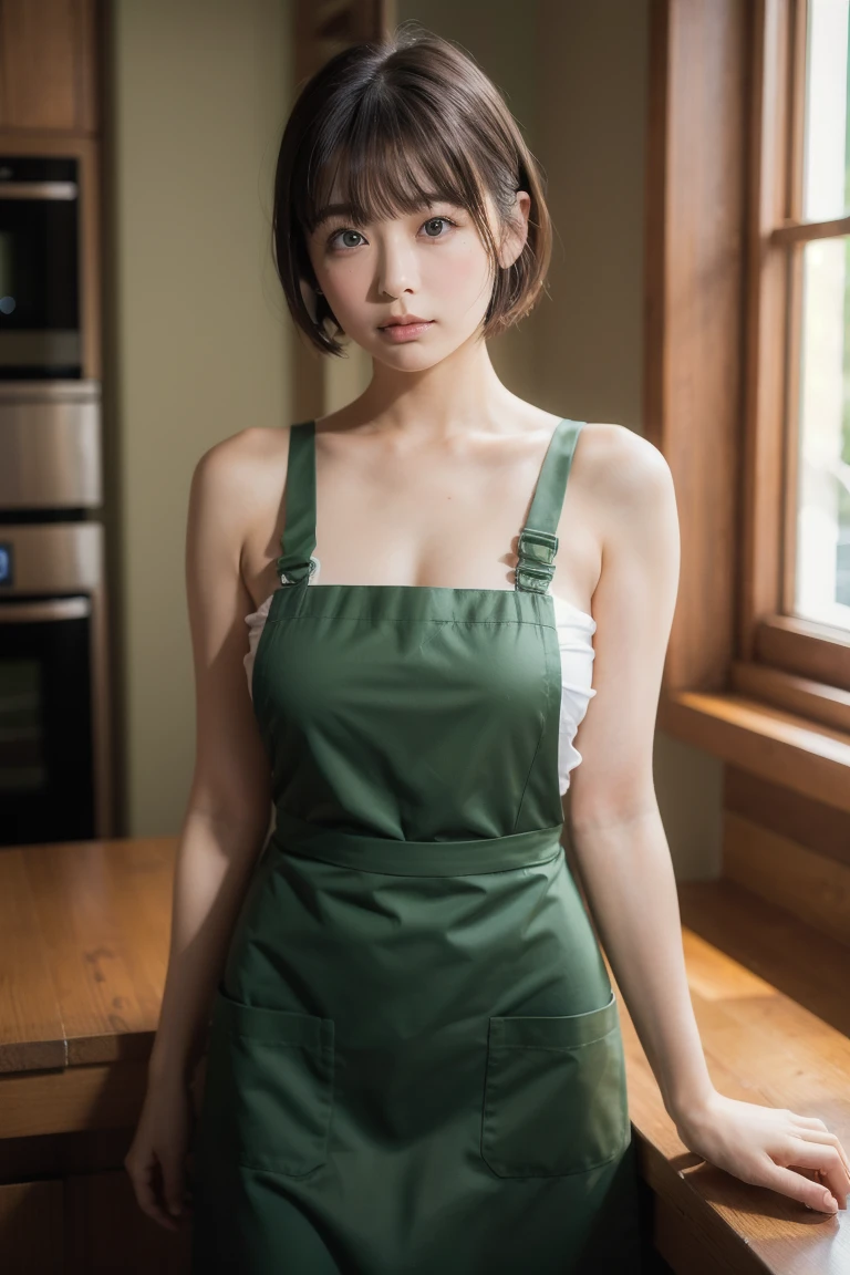 masterpiece,  best quality ,  one woman, (Moss Green、 apron:1.2), Age 25、(RAW 写真 best quality ), (reality, reality的:1.4),  sexy、iris、非常に詳細 eyes and face,  beautiful and detailed nose with the body facing completely, beautiful eyes,  perfect anatomy、 short hair 、bangs、 brunette hair、Droopy eyes、 humble face、Dimly lit kitchen、 light from below、